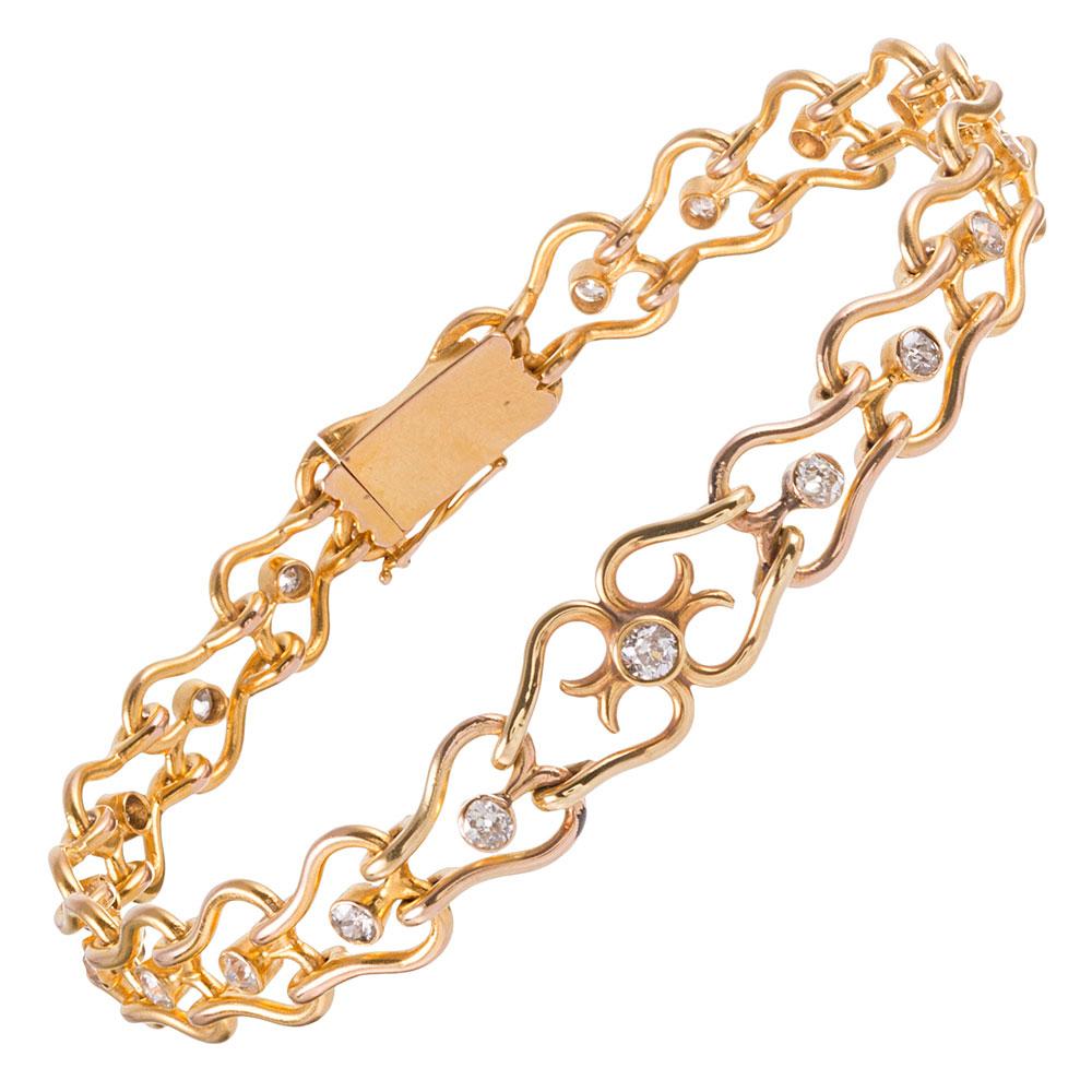 18 Karat Gold and Diamond French Victorian “Heart” Link Bracelet