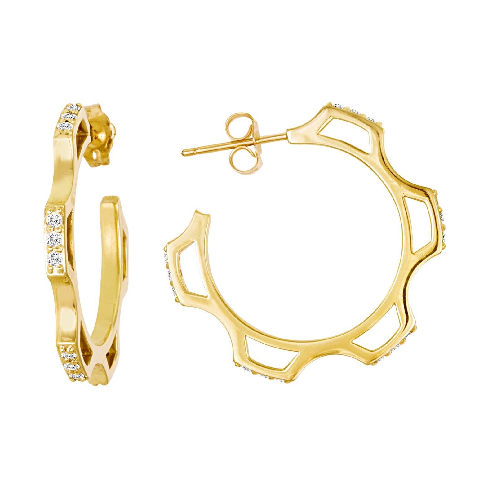 18 Karat Gold and Diamond Geometric Gear Hoop For Sale