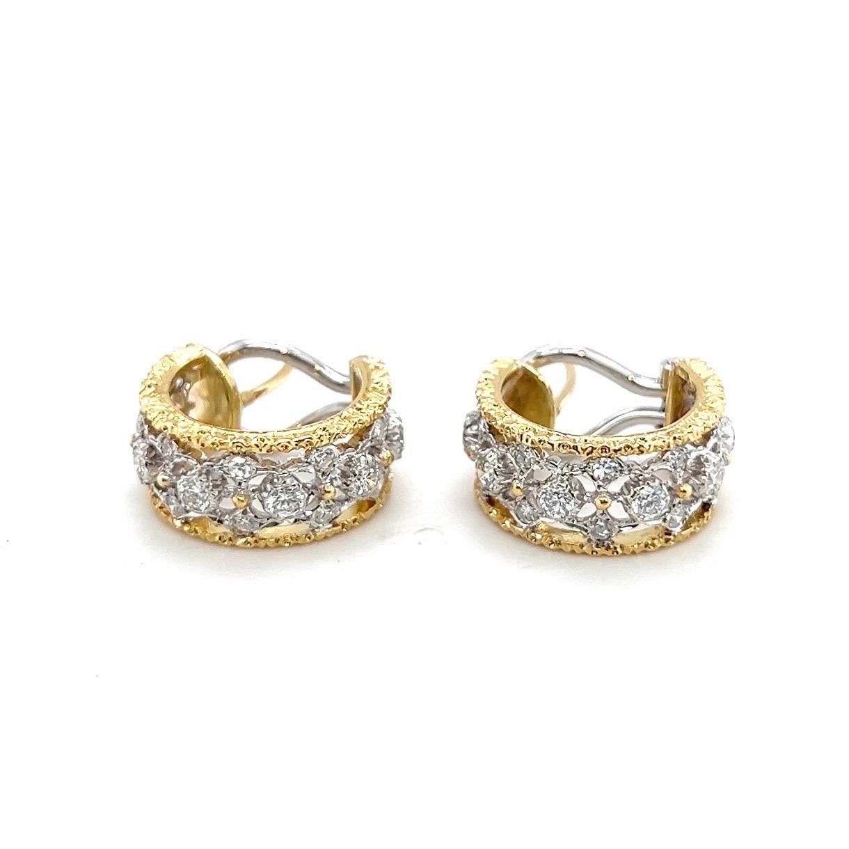 Elegant and feminine 18 karat gold and diamond hoop earrings by Italian artist jeweler Mario Buccellati.

Filigree bicolour hoop earrings masterfully crafted in 18 karat white and yellow gold. The open work front is set with brilliant- and