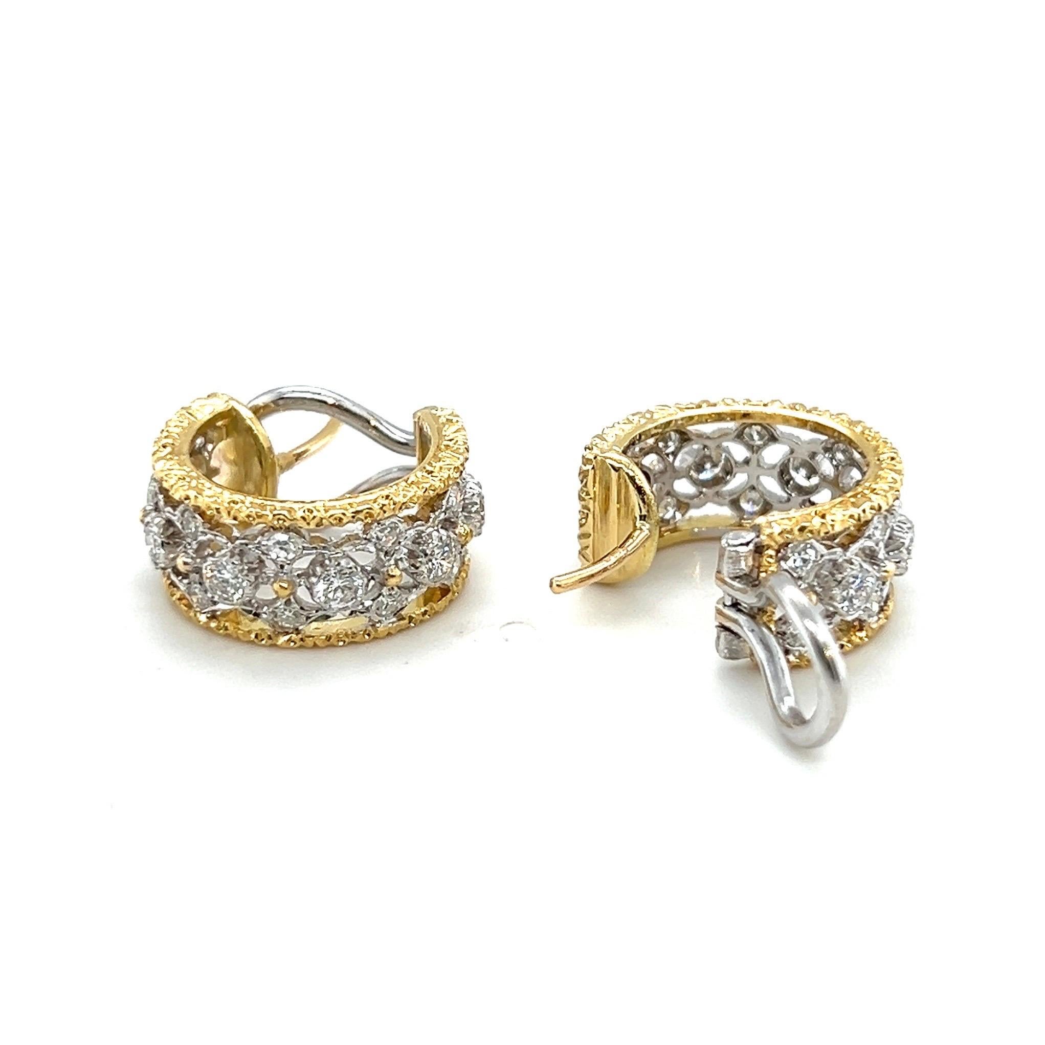 Post-War 18 Karat Gold and Diamond Hoop Earrings by Mario Buccellati For Sale