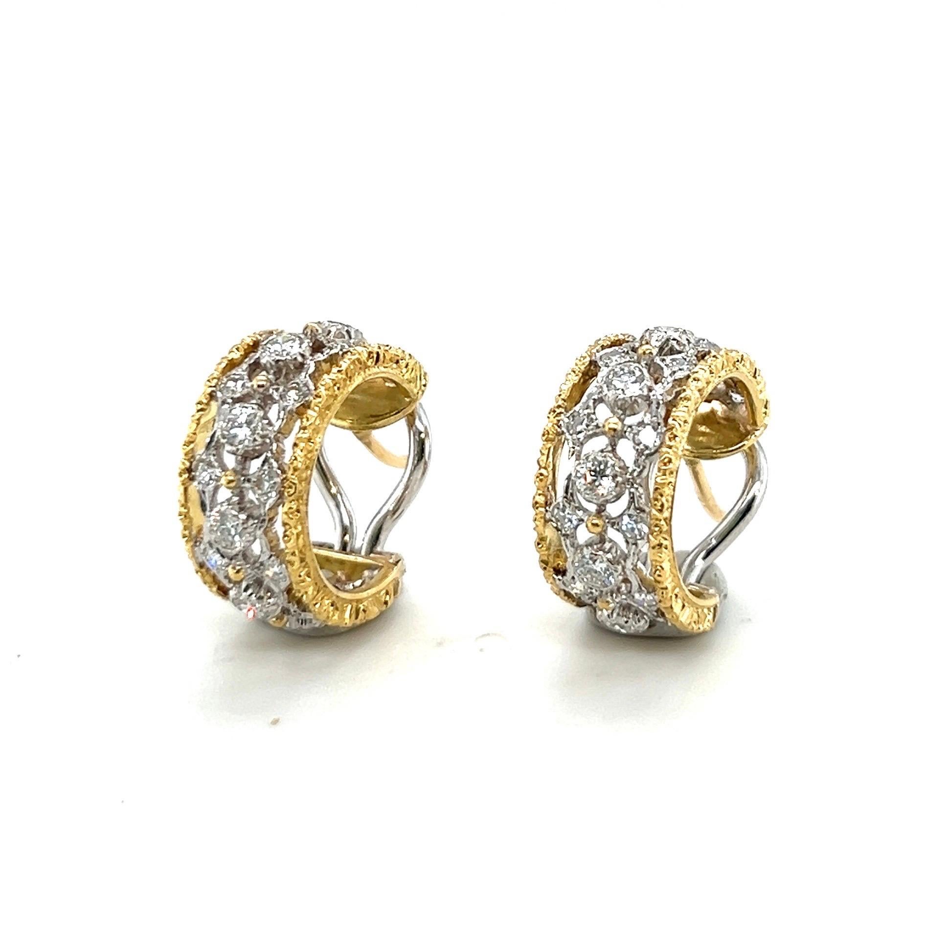 Women's or Men's 18 Karat Gold and Diamond Hoop Earrings by Mario Buccellati For Sale