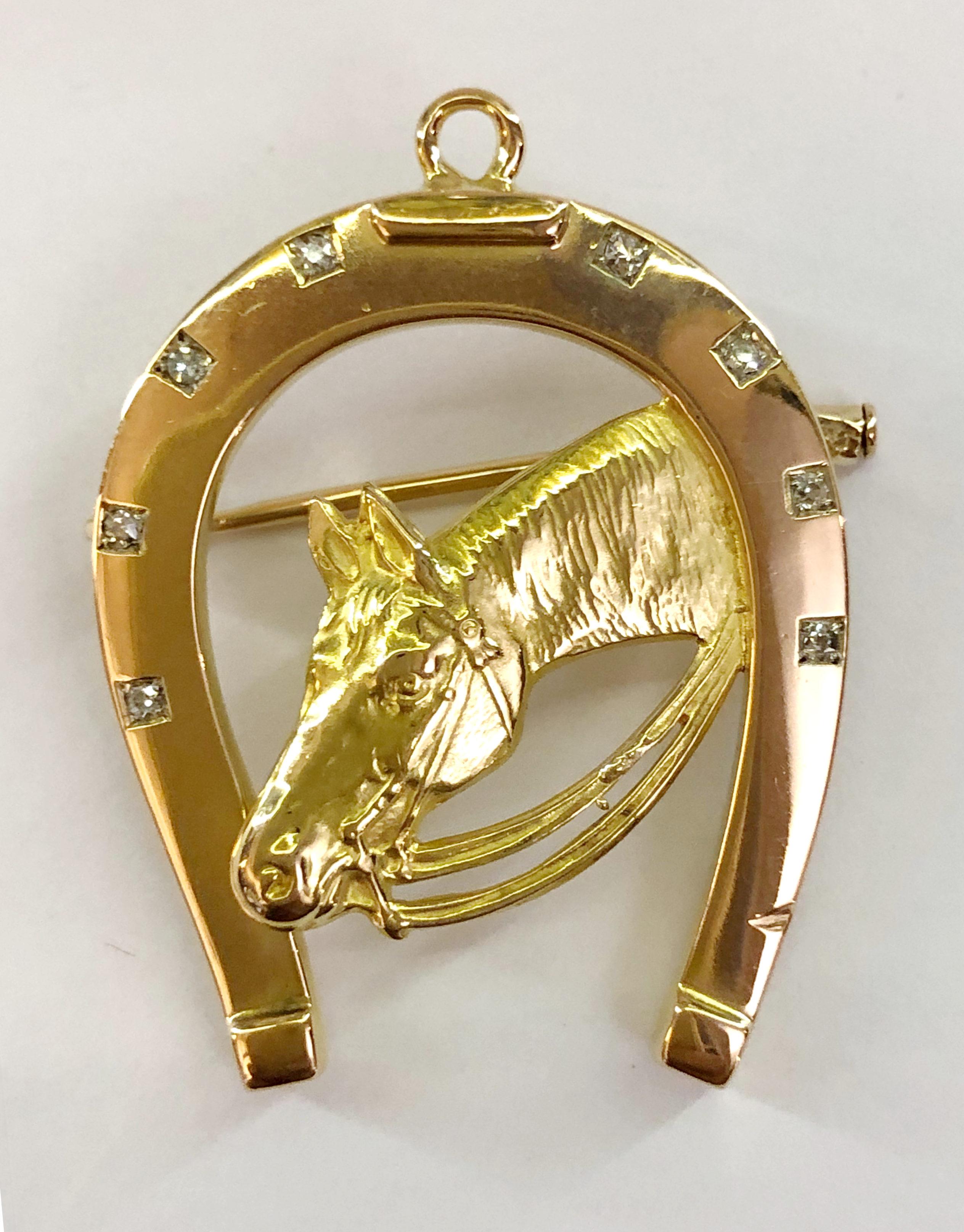 Vieille broche fer à cheval en or jaune 18 carats et diamants brillants, Italie années 1940-1950
