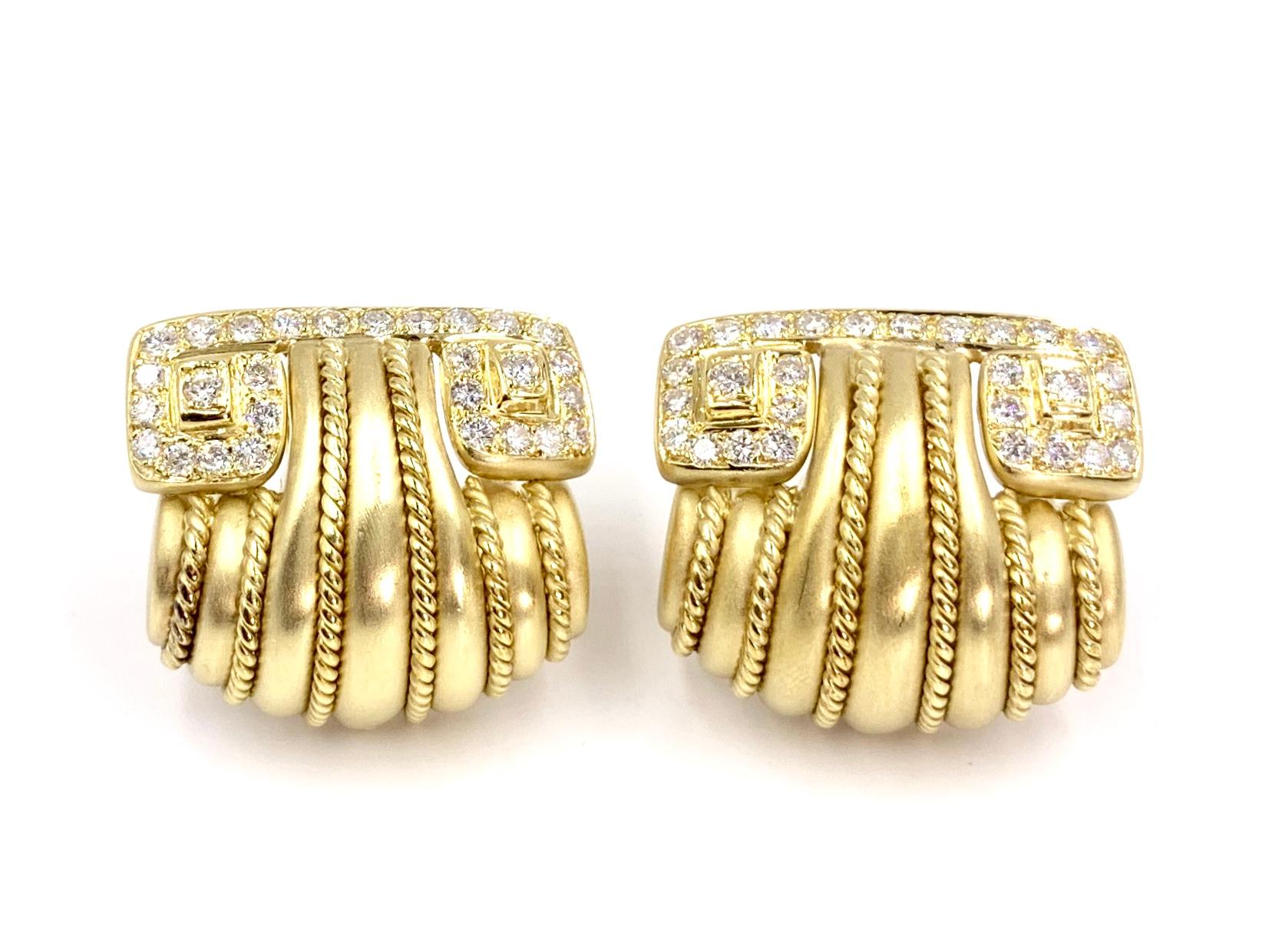 Well made, solid and substantial 18 karat yellow gold large rectangular button arrings featuring approximately 1.76 carats of high quality round brilliant diamonds. Diamonds are approximately F color, VS2 clarity. Gold has a gorgeous satin finish