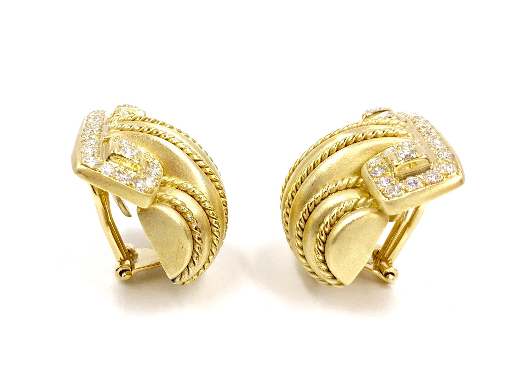 Round Cut 18 Karat Gold and Diamond Large Button Earrings For Sale