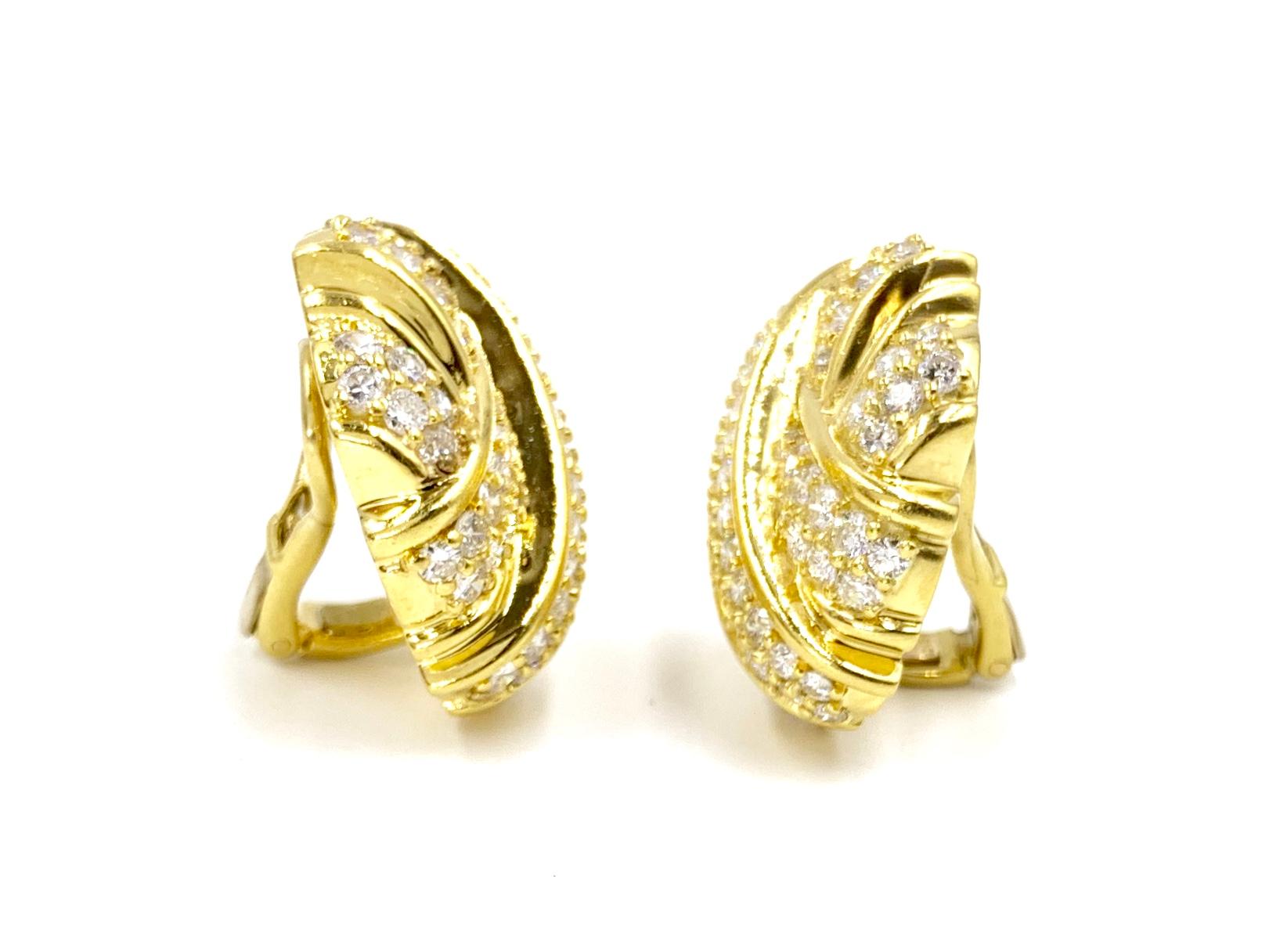 Round Cut 18 Karat Gold and Diamond Large Button Earrings For Sale