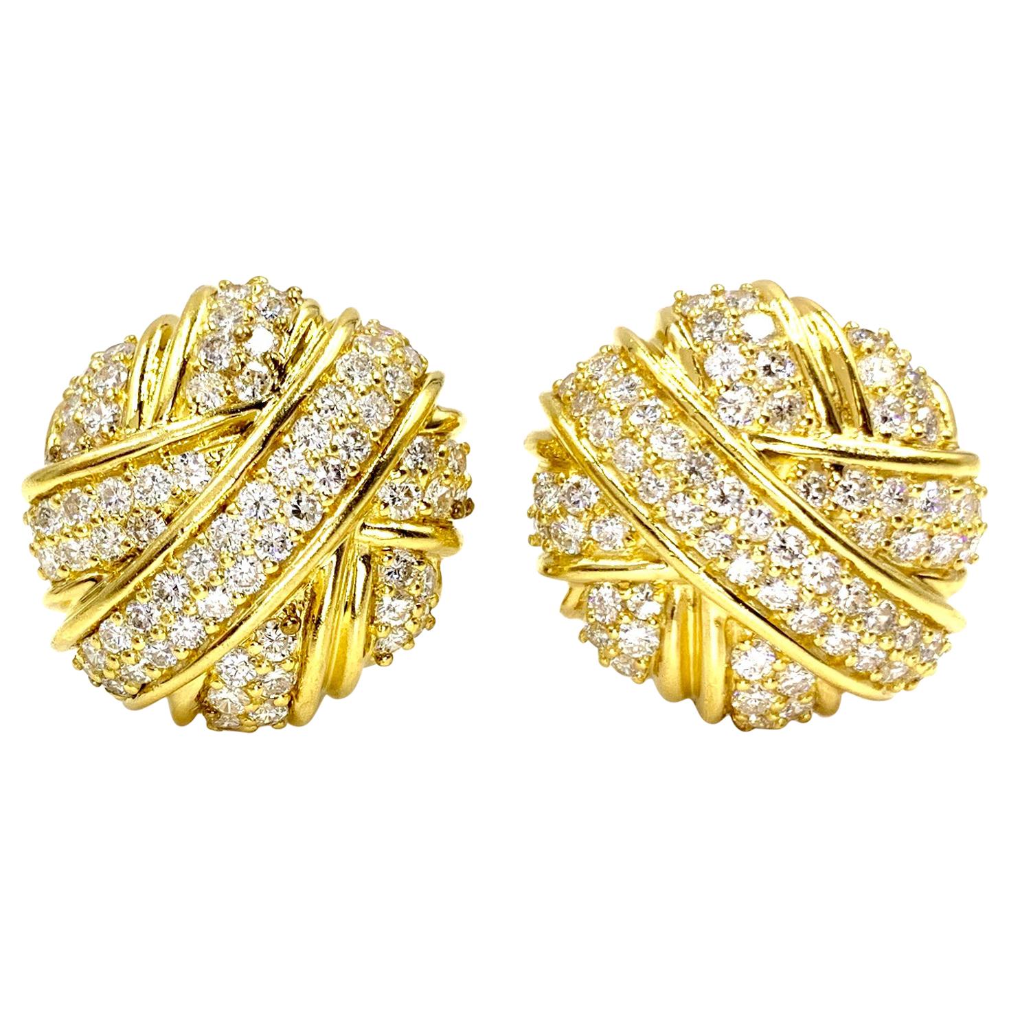 18 Karat Gold and Diamond Large Button Earrings For Sale