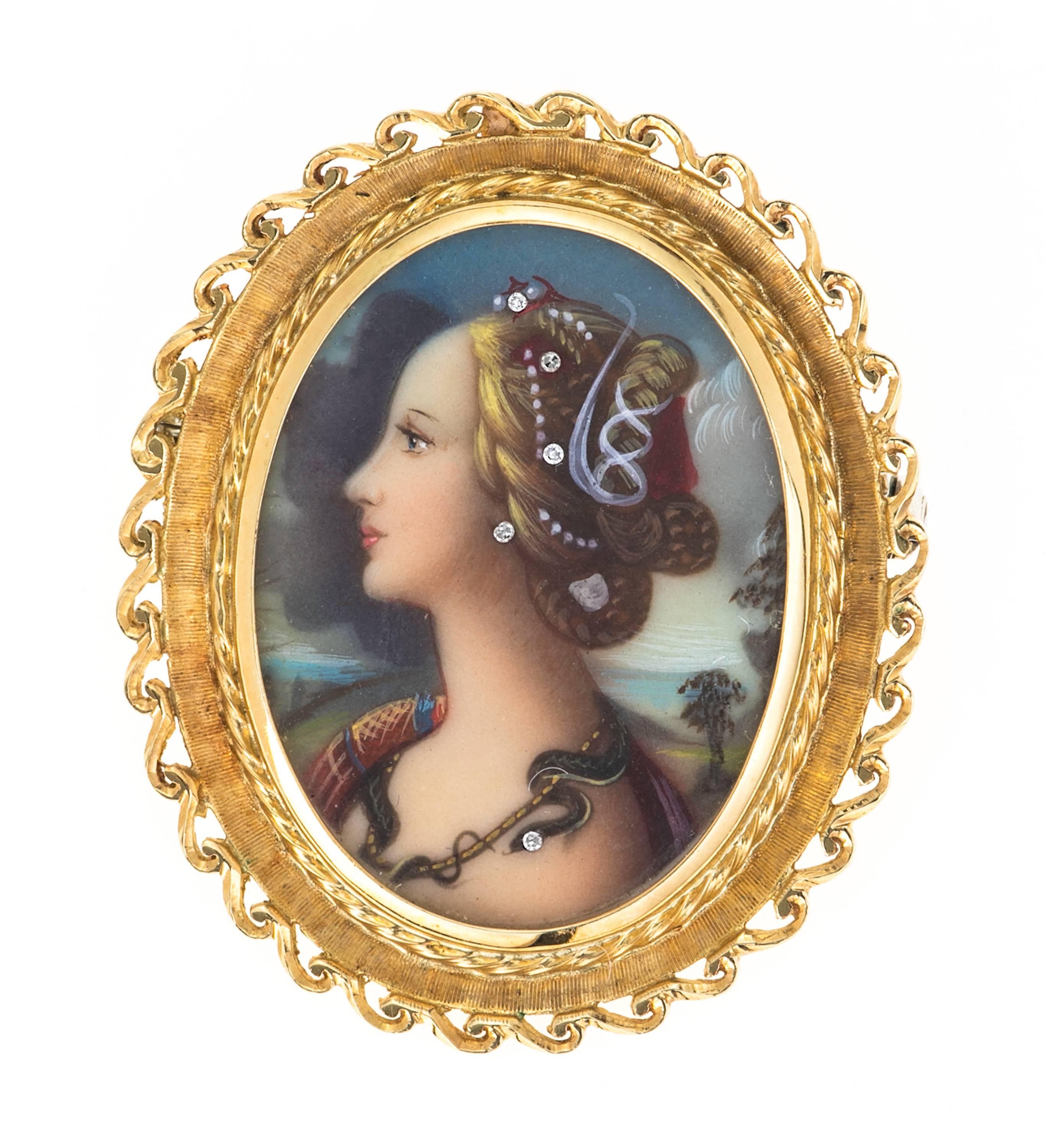Lovely 18k gold frame around intricately painted portrait of a beautiful lady adorned with five diamonds.  Wonderful example of renaissance revival.  Hallmarked 750 on the back.   Can be worn as a necklace or a brooch .