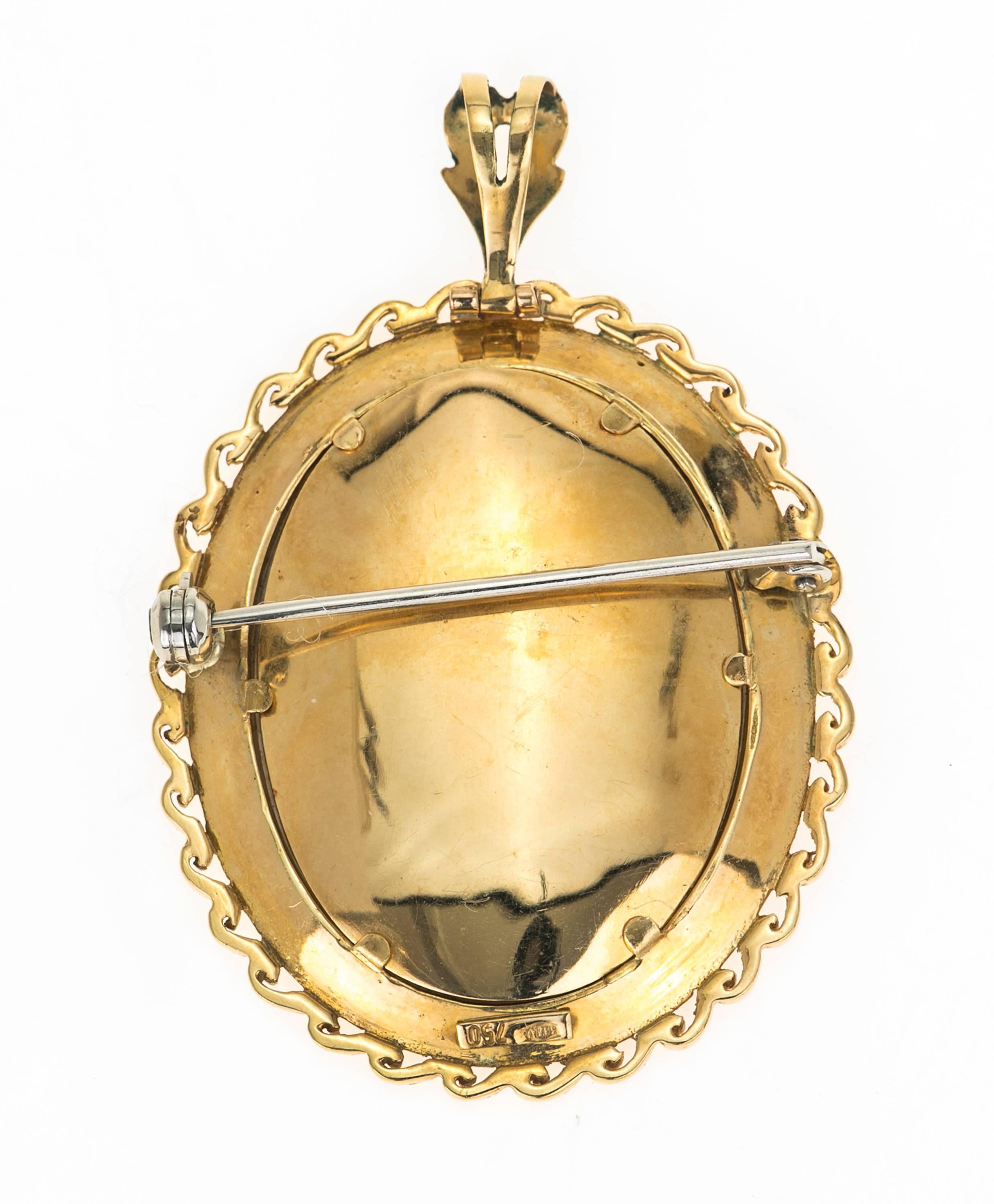 Single Cut 18 Karat Gold and Diamond Painted Cameo Brooch Pendant For Sale