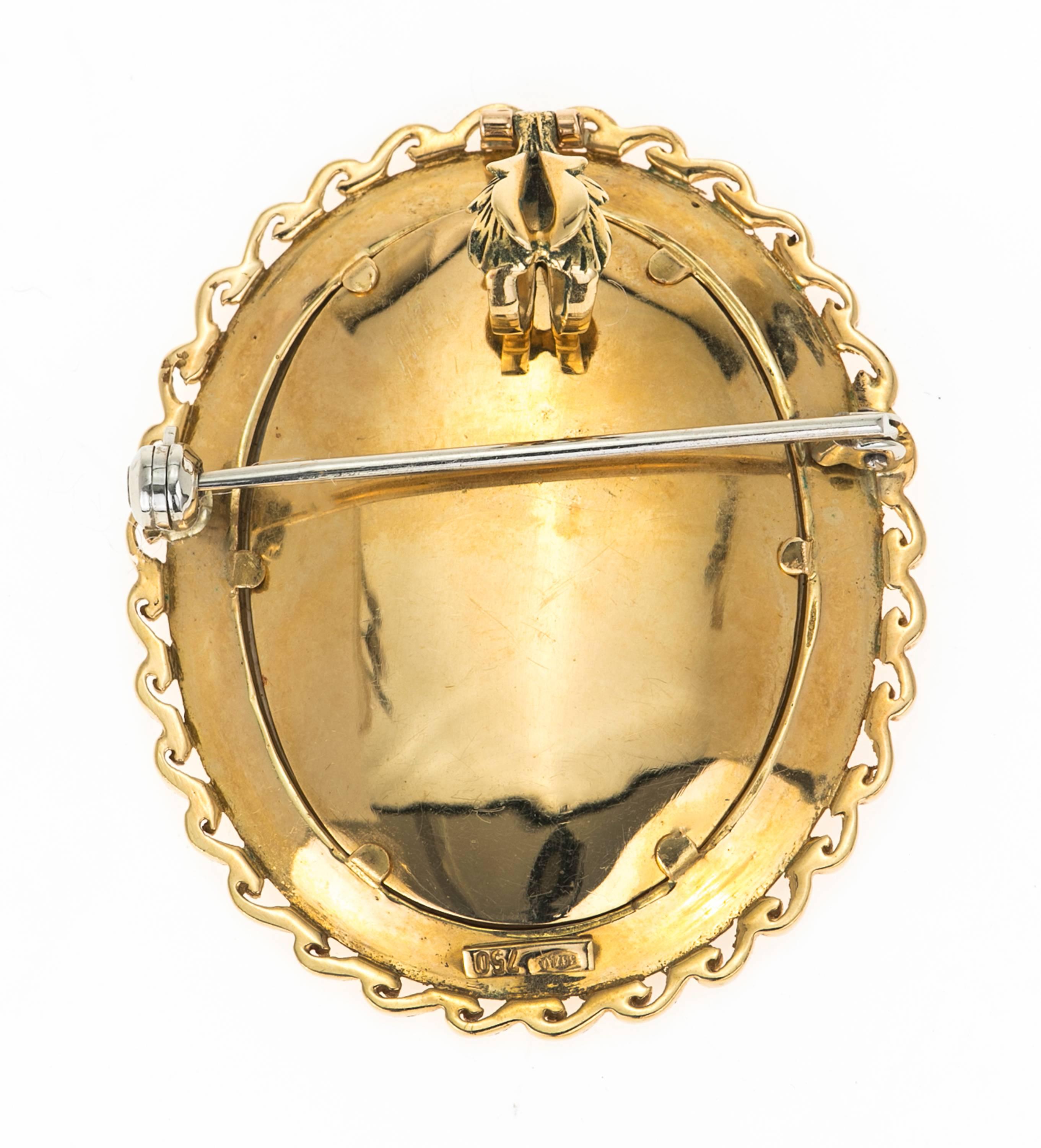 Single Cut 18 Karat Gold and Diamond Painted Cameo Brooch Pendant For Sale