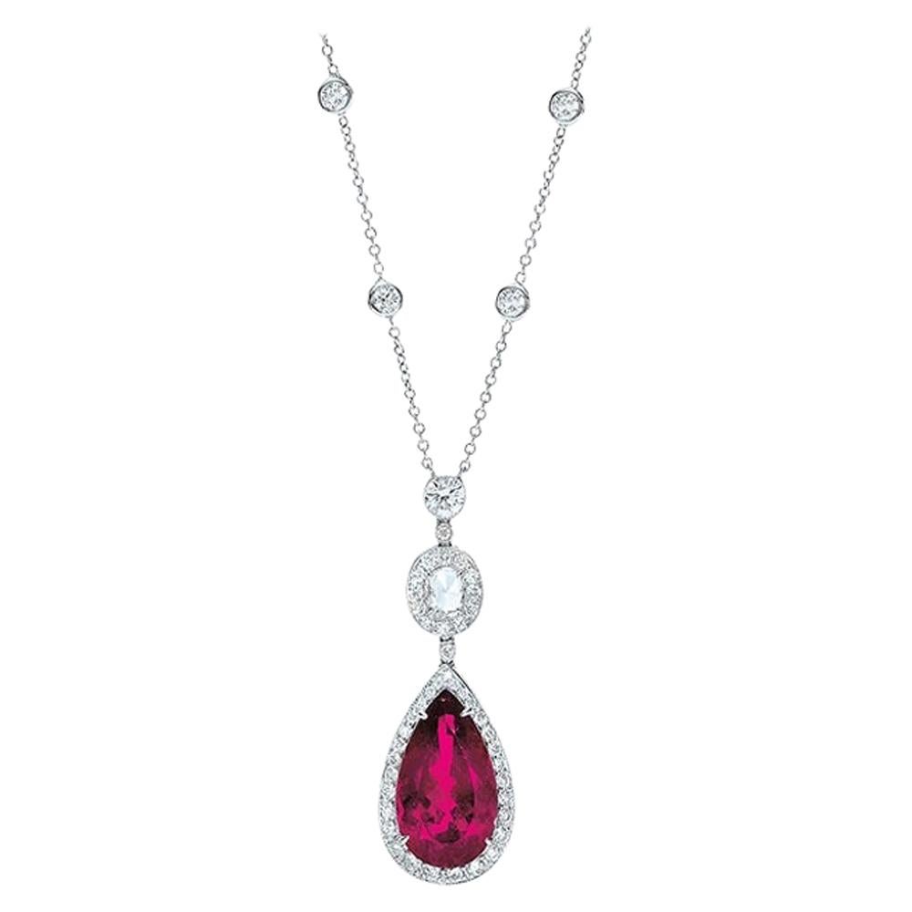 18 Karat Gold and Diamond Pendant with 3.42 Carat Rubellite Pear Shaped Drop For Sale