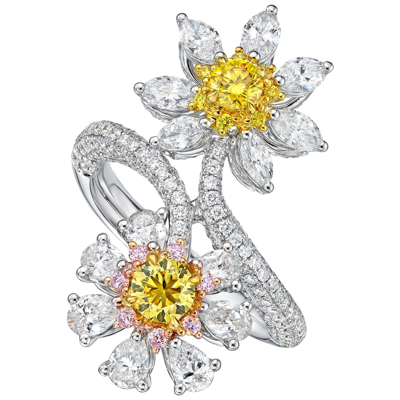 18 Karat Gold and Diamond Ring with 2 GIA Certified Fancy Vivid Yellow Diamonds For Sale