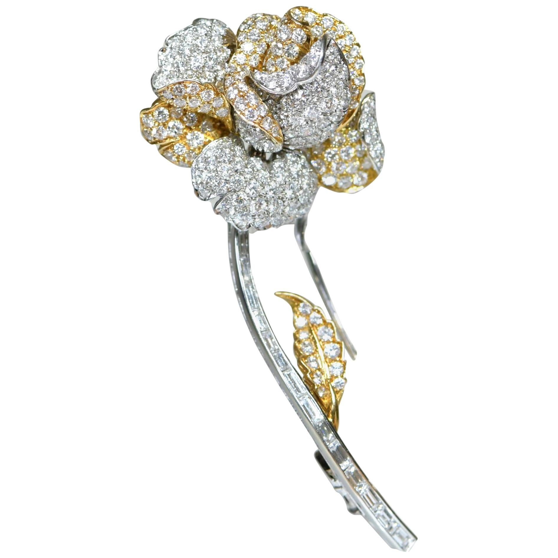 18K Gold Diamond Rose Flower Brooch For Sale