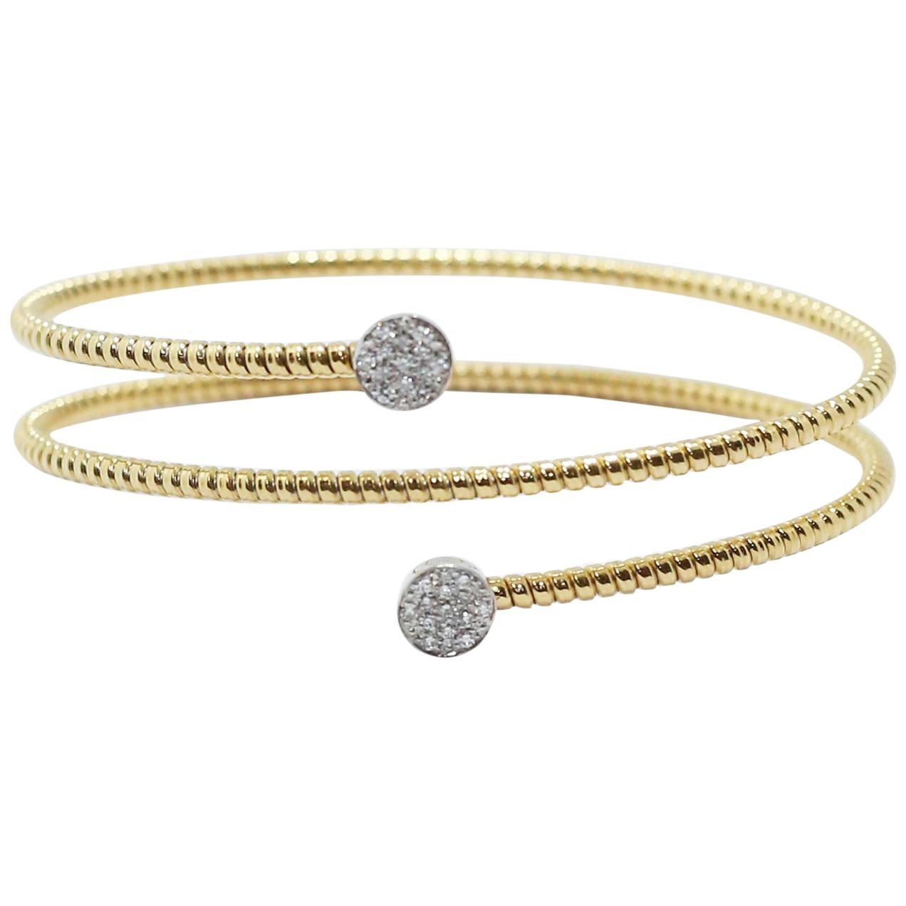18 Karat Gold and Diamonds Double Bangle Bracelet in with Round Pavé of Diamonds For Sale