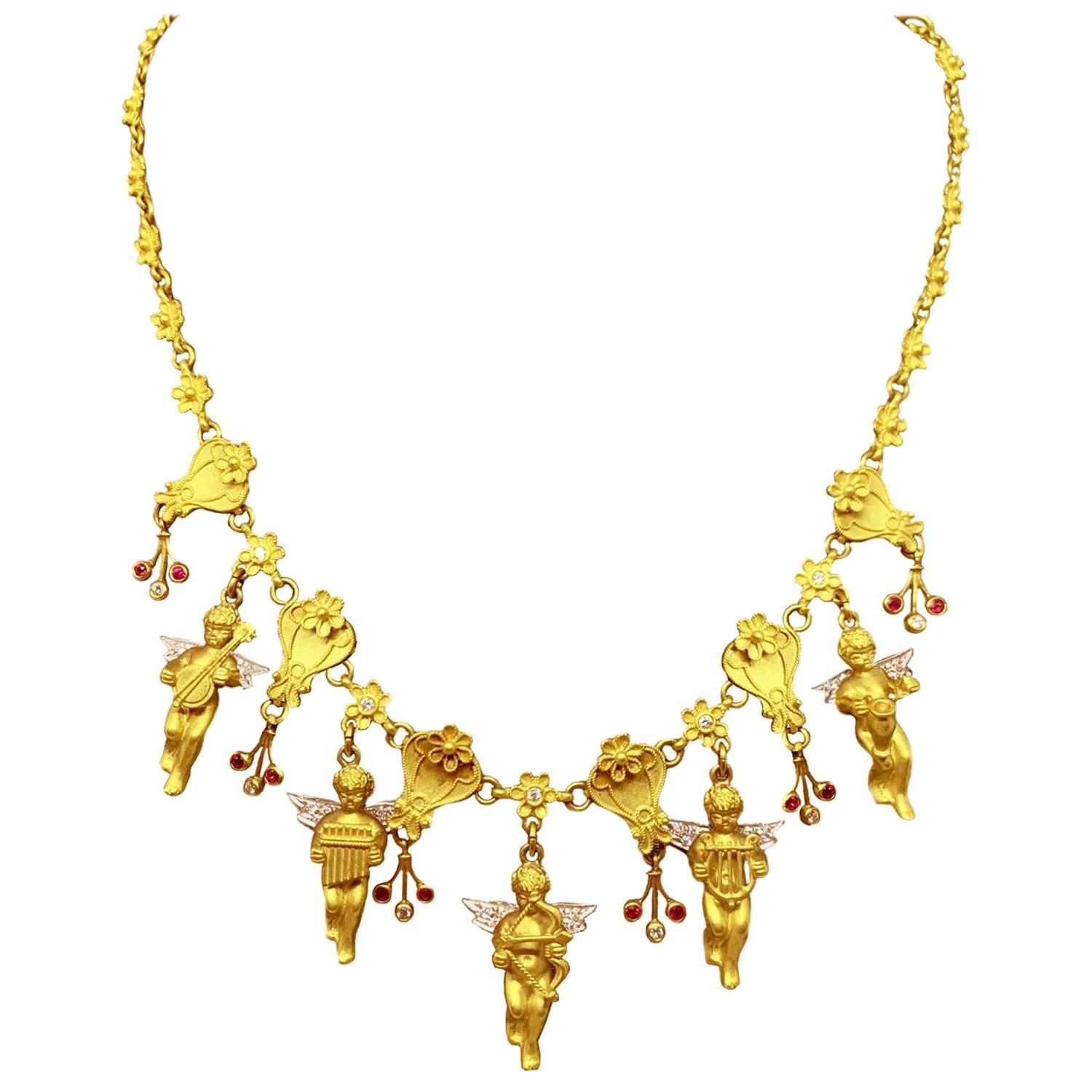  Cupid 'Eros' and Musician Angels 18 Karat Gold and Diamonds Necklace