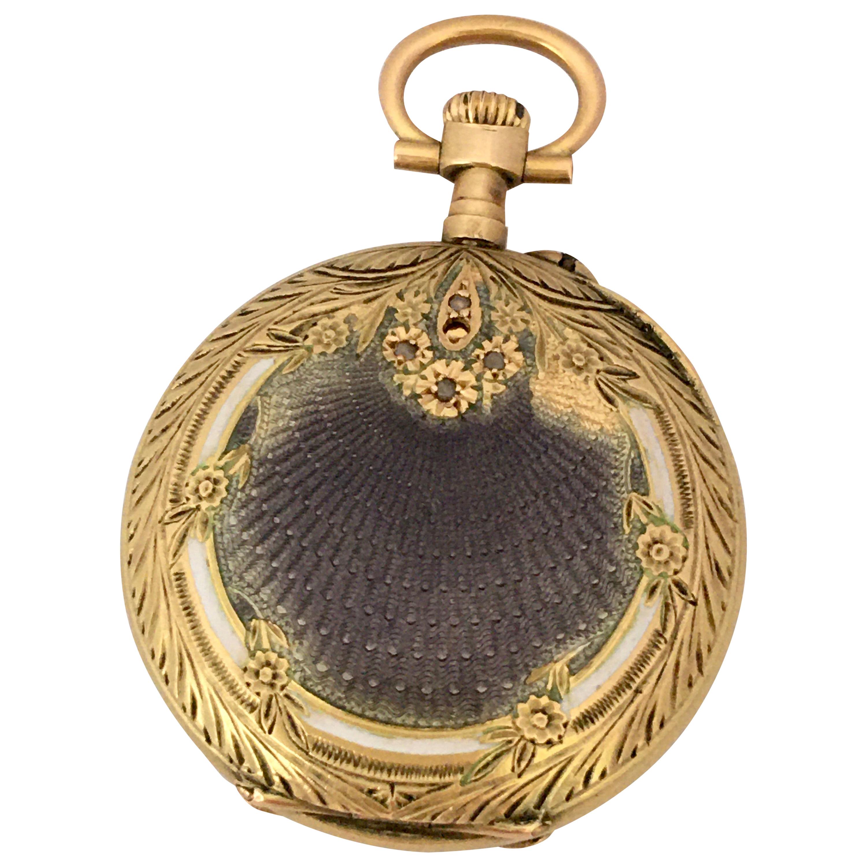 18 Karat Gold and Diamonds with Touched of Purple Enamel Fob / Pocket Watch For Sale