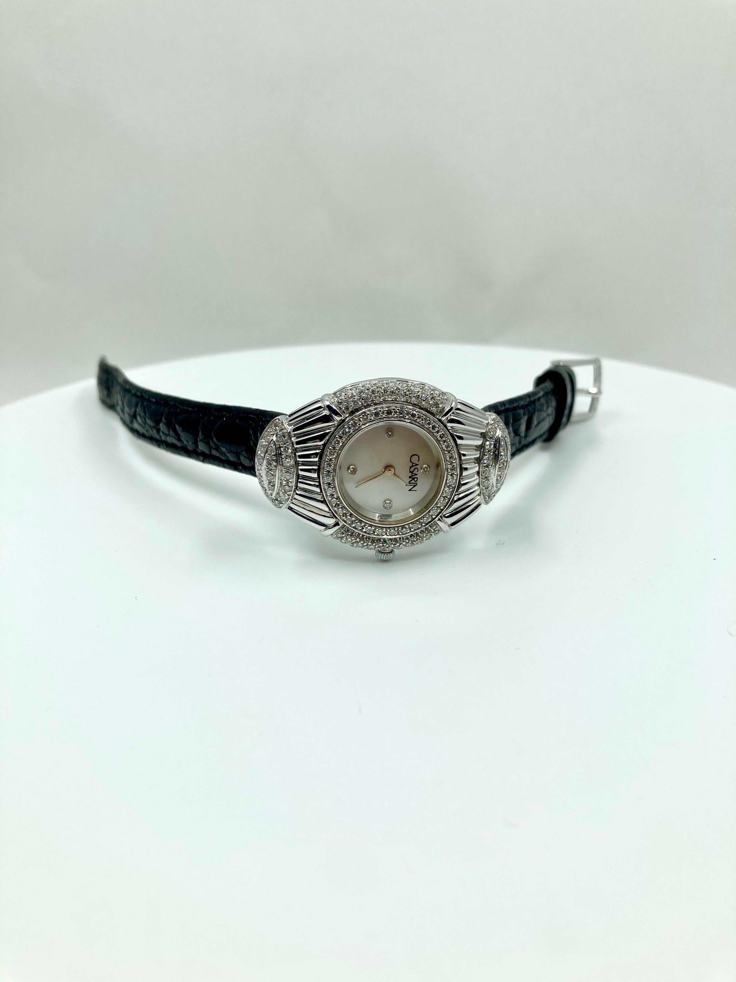 Timeless White Gold watch, Quartz movement, Leather bracelet, with Diamonds ct. 1,18, handmade in Italy by Roberto Casarin.

An elegant combination of a timeless white gold design with diamonds, fine quartz movement, and a lather bracelet for