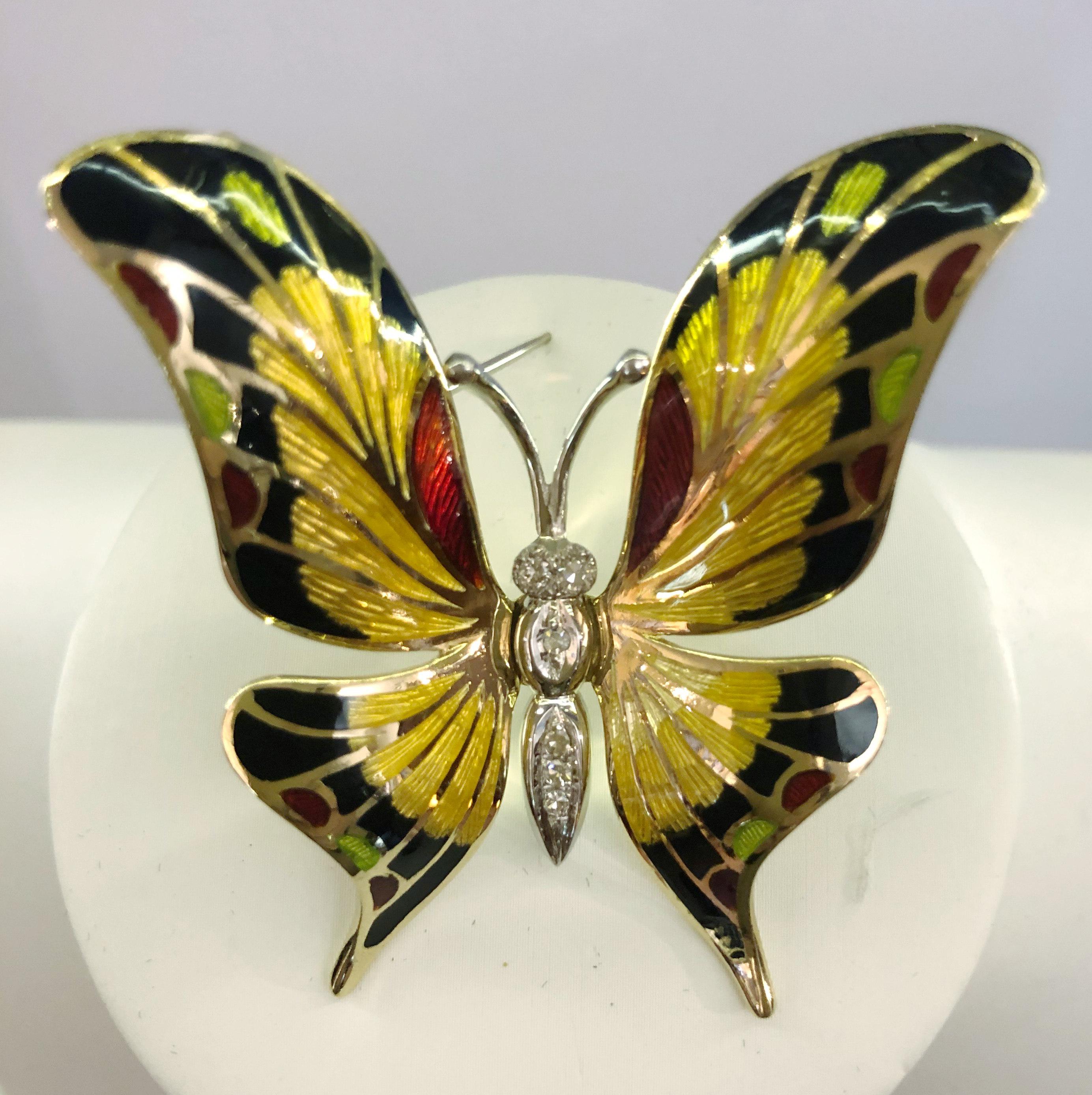 Vintage 18 karat yellow gold Butterfly brooch - pendant, with different colored enamels / Italy 1970s