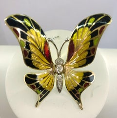 Vintage 18K Yellow Gold Enamel Butterfly Brooch Pendant, Italy 1970s