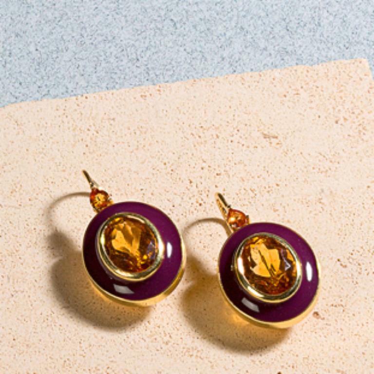 Contemporary 18 Karat Gold and Enamel Earrings with Citrine and Yellow Sapphires For Sale