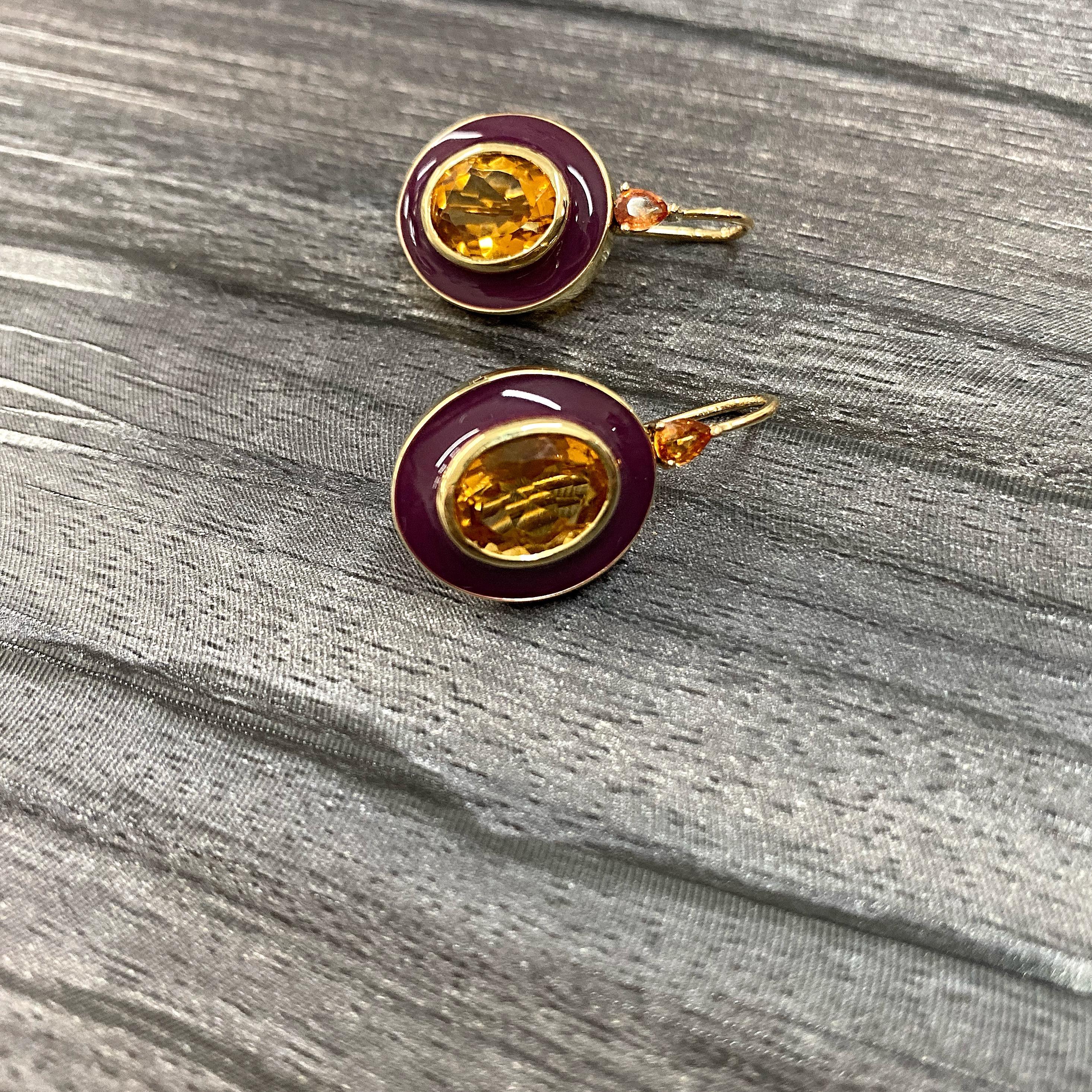 18 Karat Gold und Emaille-Ohrringe mit Citrin und gelben Saphiren (Ovalschliff) im Angebot