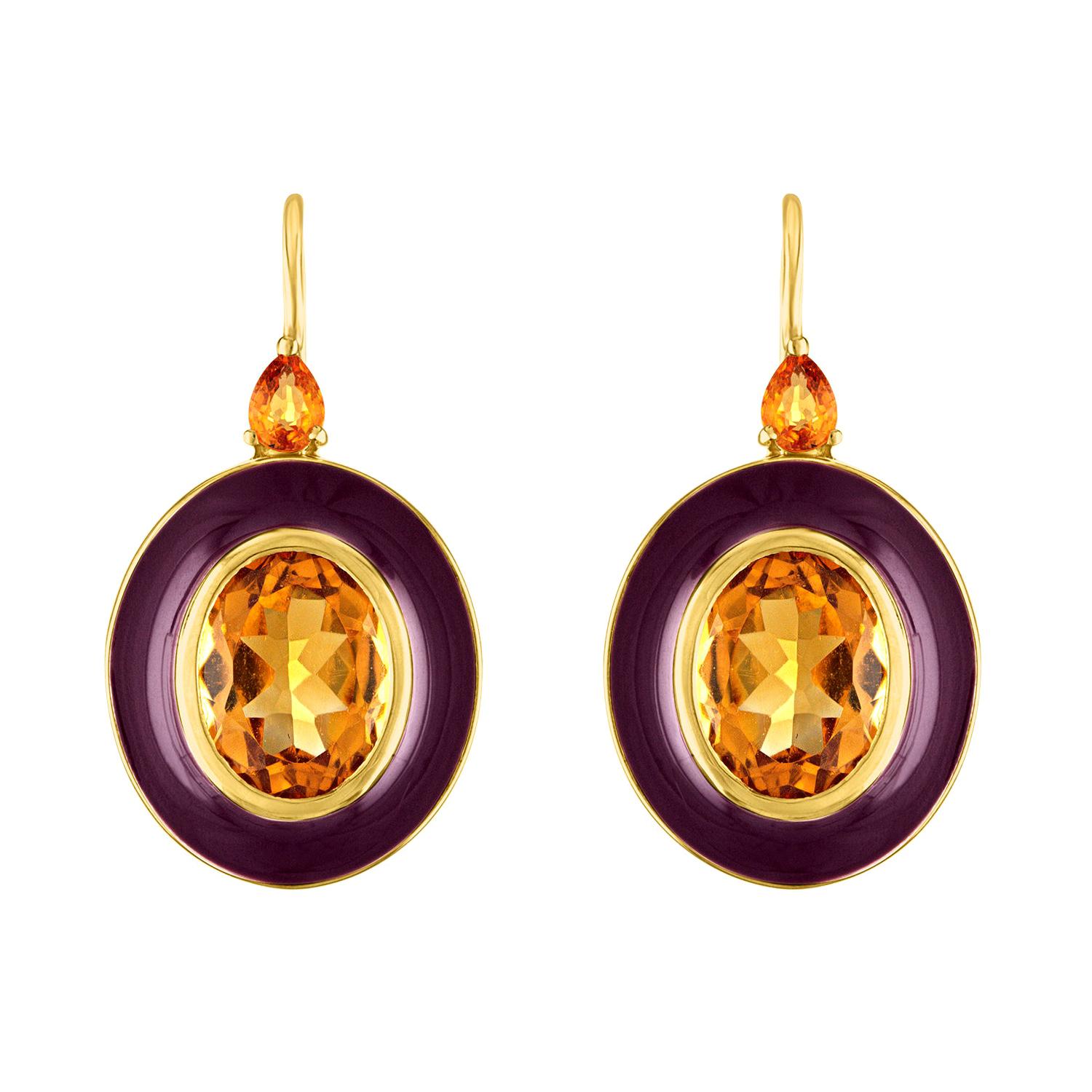 18 Karat Gold and Enamel Earrings with Citrine and Yellow Sapphires For Sale
