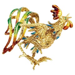 Vintage 18 Karat Gold and Enamel Rooster Brooch
