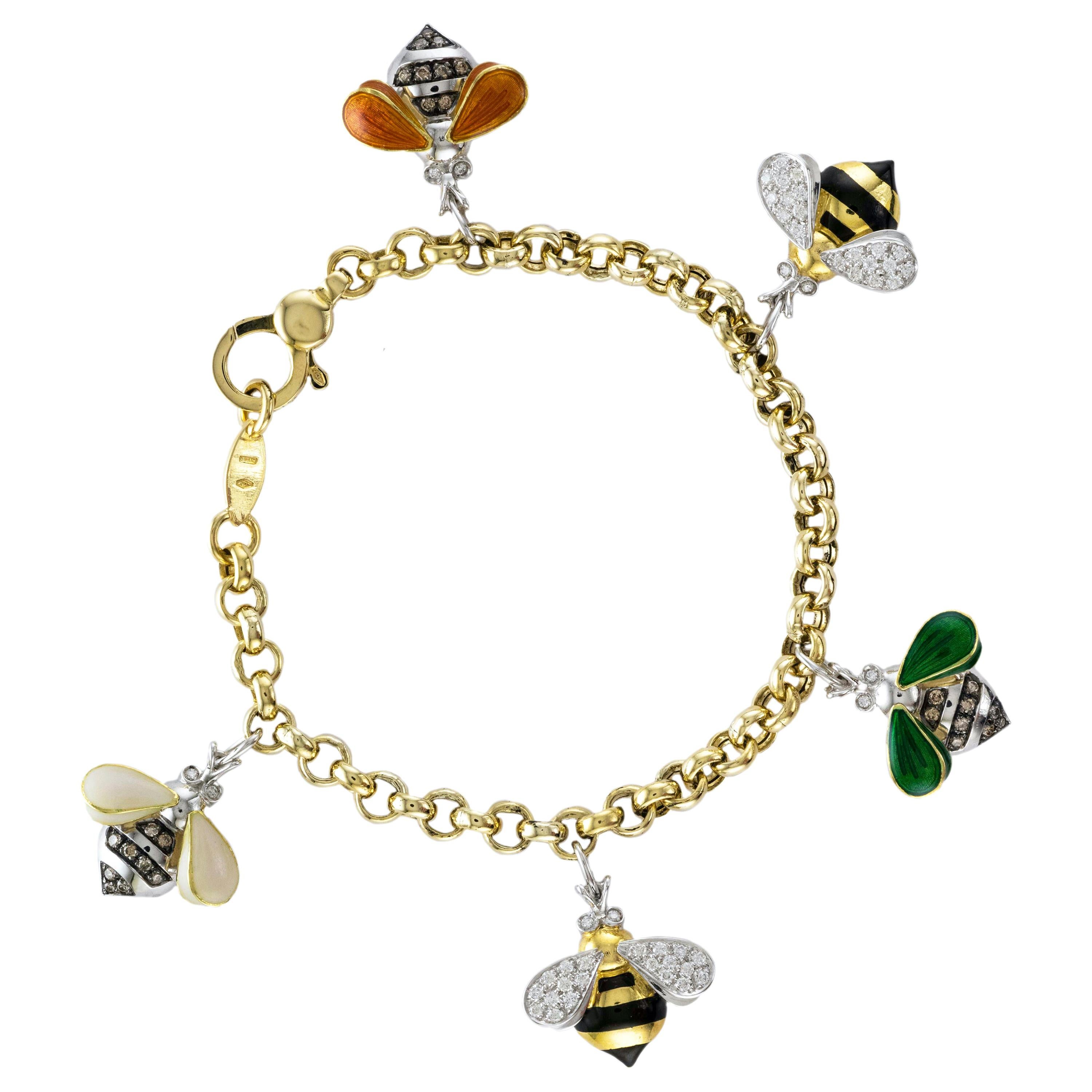 18 Karat Gold and Enameled Bees Charm Bracelet