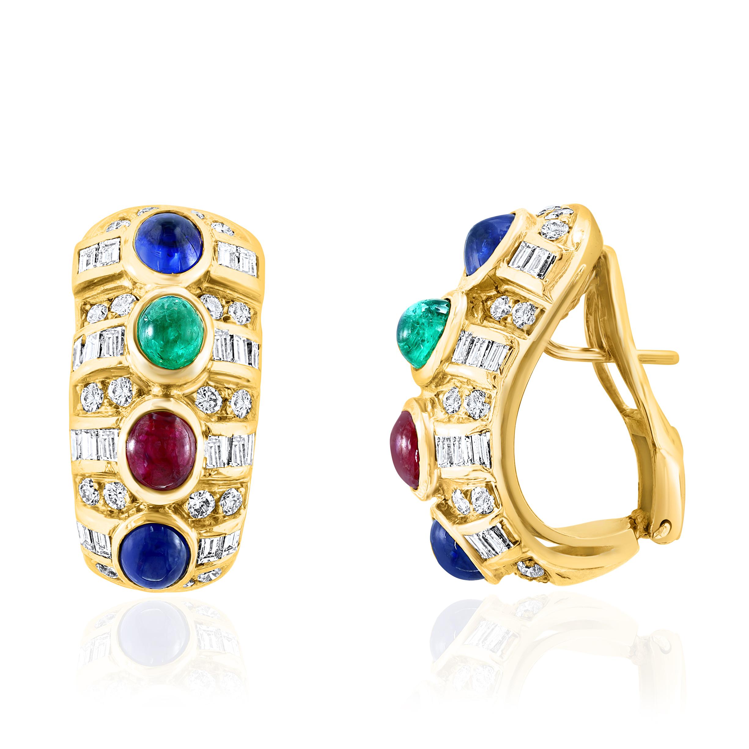 Emerald, Ruby and Sapphire Cabochons with Baguette and Round Diamonds.

Total weight approximately 4 Carats.

18 Karat Yellow Gold.