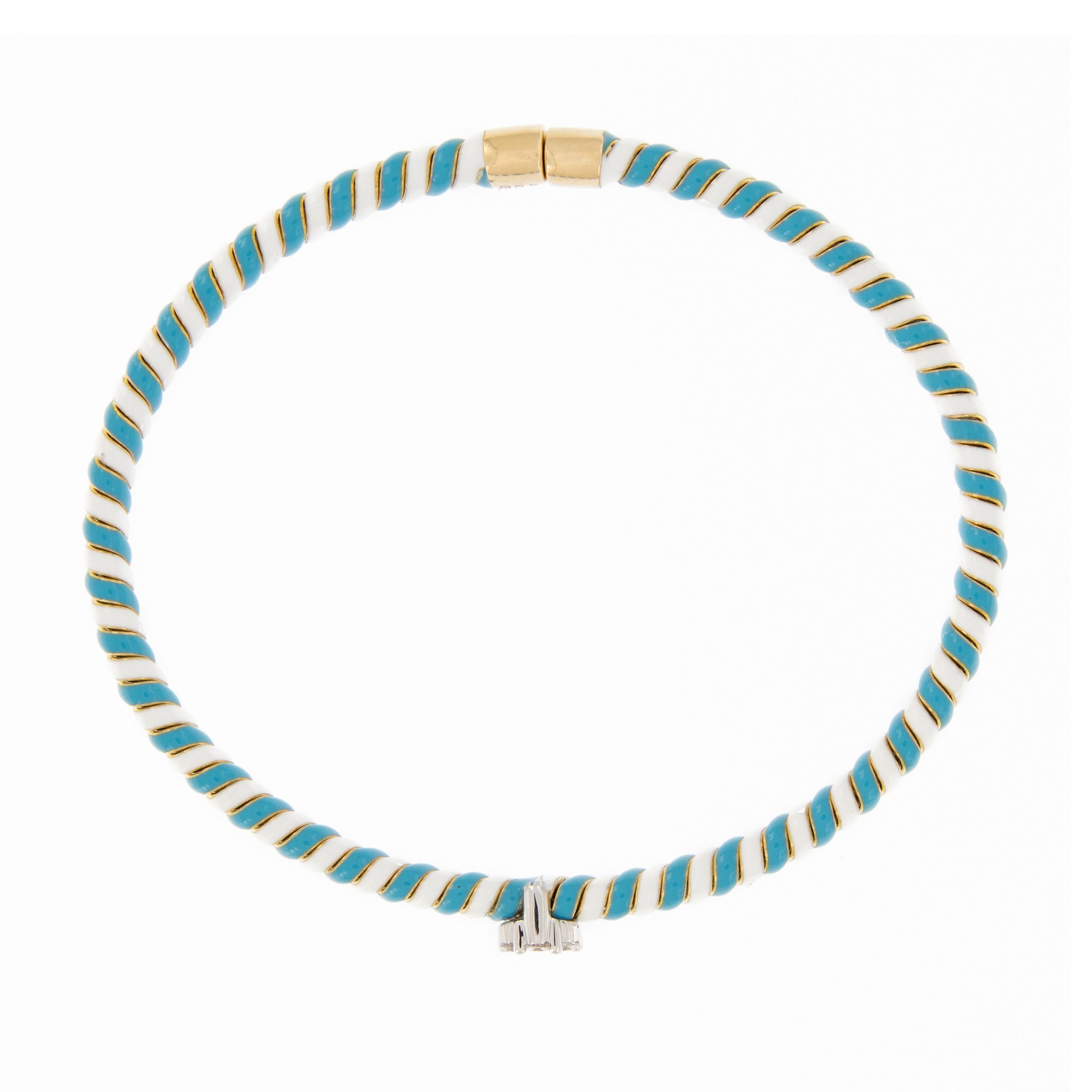 18 Karat gold bracelet features a twisted design of white and turquoise enamel accented with a diamond flower cluster. Bracelet is beautifully handcrafted by Italian artisans, lovely on its own and perfect for stacking. Marked Italy. The inner