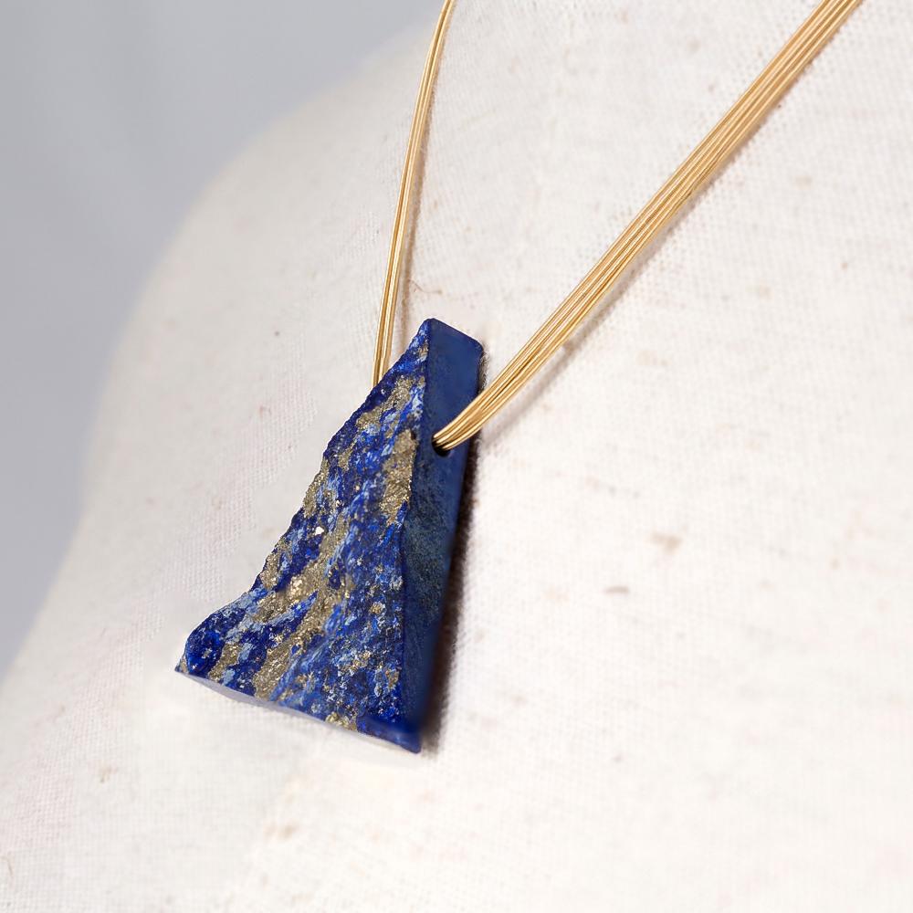 Contemporary LAPIS LAZULI PENDANT Triangle on 18 Karat Yellow Gold Necklace For Sale