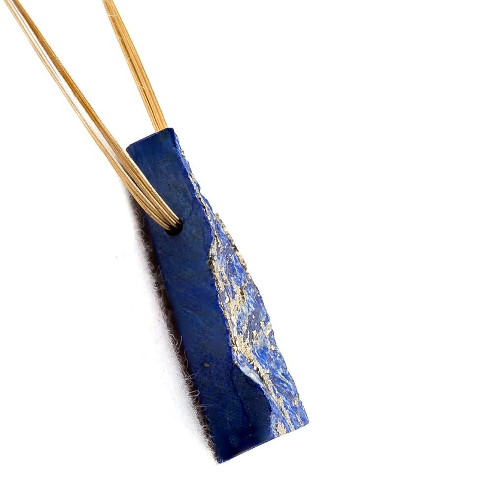 Rough Cut LAPIS LAZULI PENDANT Triangle on 18 Karat Yellow Gold Necklace For Sale