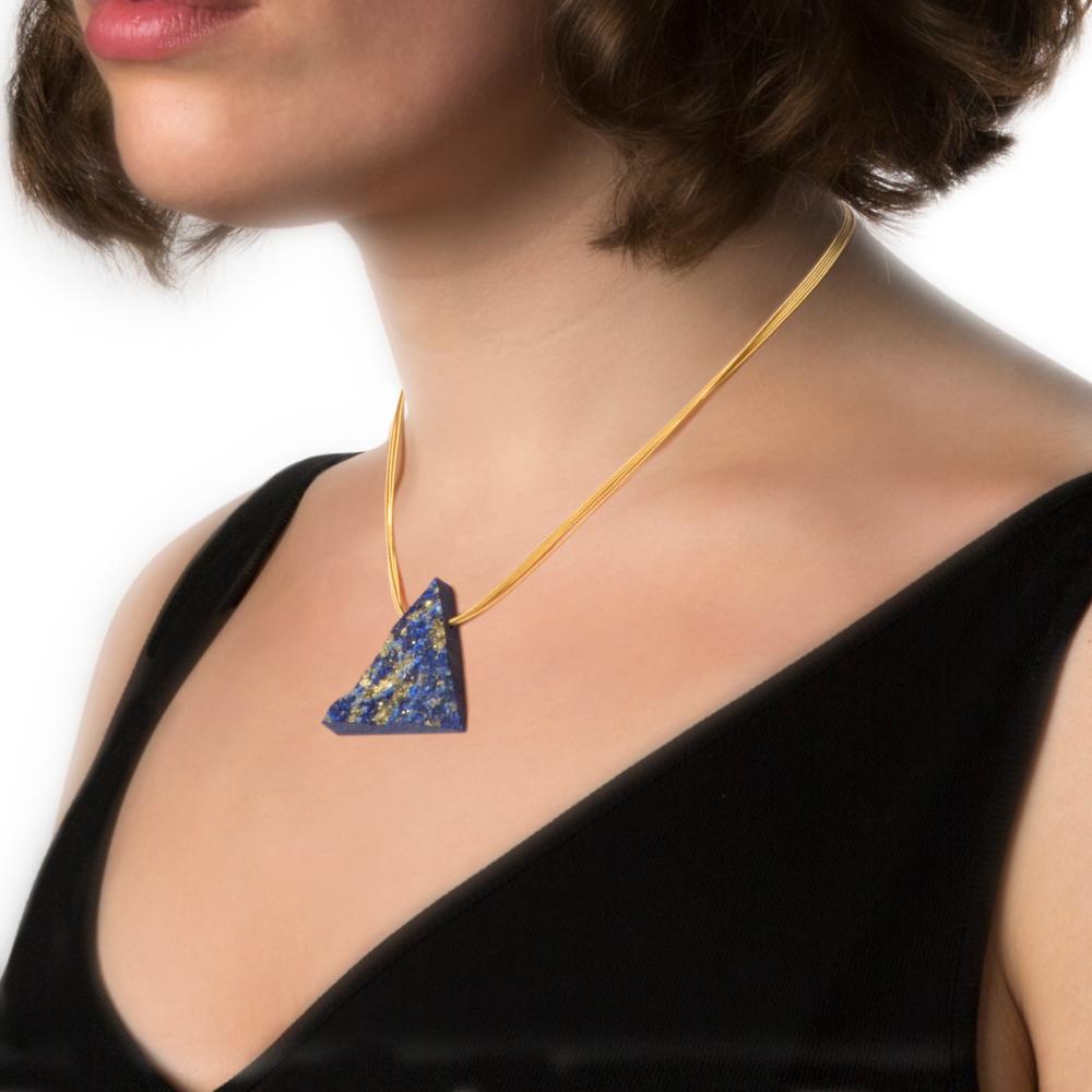 Women's LAPIS LAZULI PENDANT Triangle on 18 Karat Yellow Gold Necklace For Sale