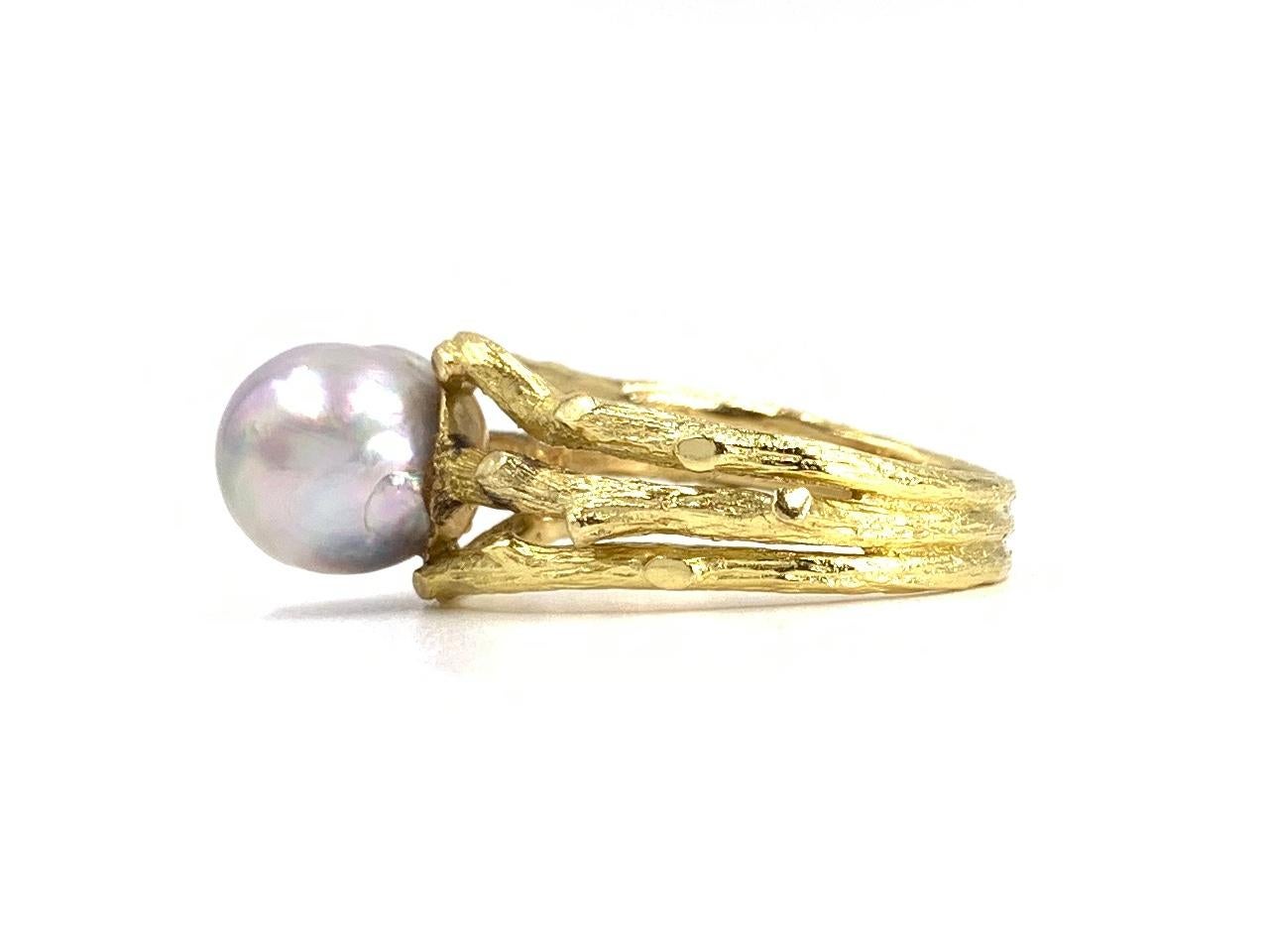18 Karat Gold and Lilac-Silver Pearl Organic Branch Ring For Sale 3