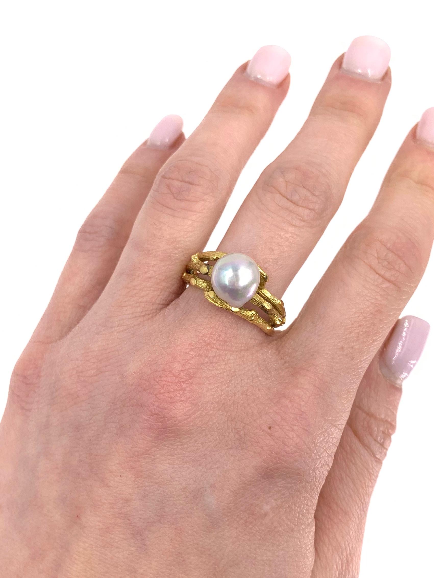 Women's 18 Karat Gold and Lilac-Silver Pearl Organic Branch Ring For Sale