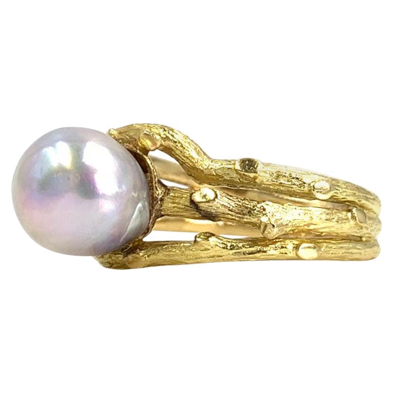 18 Karat Gold and Lilac-Silver Pearl Organic Branch Ring For Sale