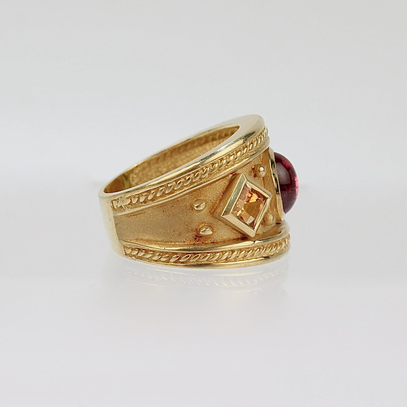 Cabochon 18 Karat Gold and Multi-Gemstone Etruscan Style Cocktail Ring