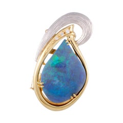 18 Karat Gold and Platinum Diamond and Blue Green Opal Oval Pendant Brooch