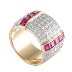 18 Karat Gold and Platinum Diamond and Ruby Invisible Setting Wide Band Ring