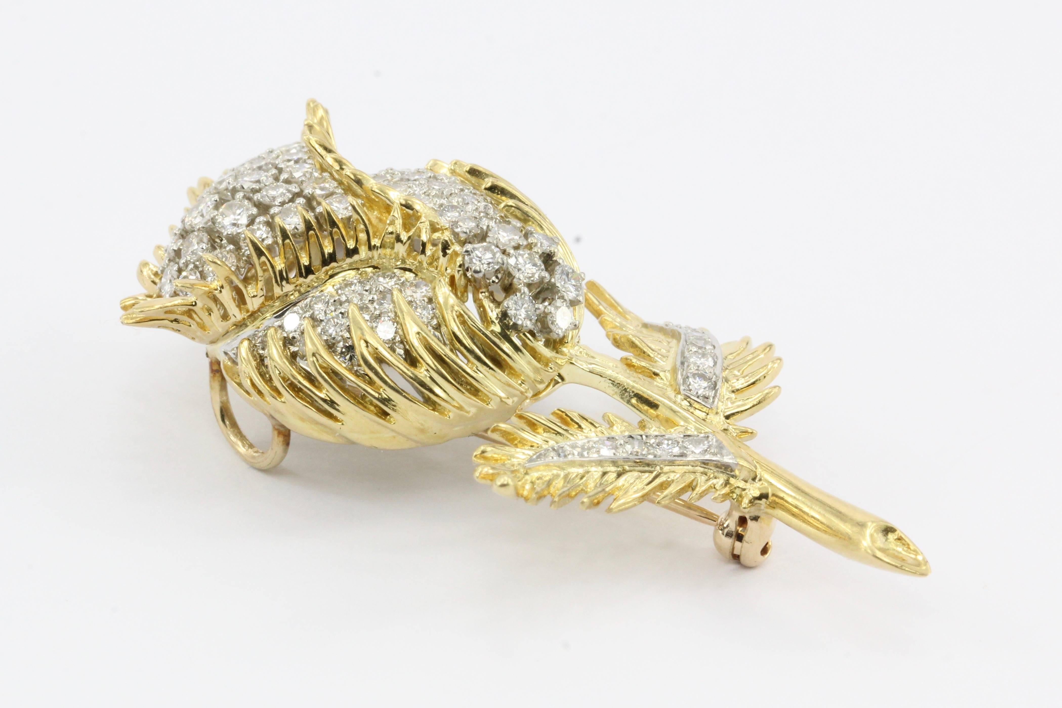 Retro 18 Karat Gold and Platinum Diamond Flowering Thistle Pendant or Brooch