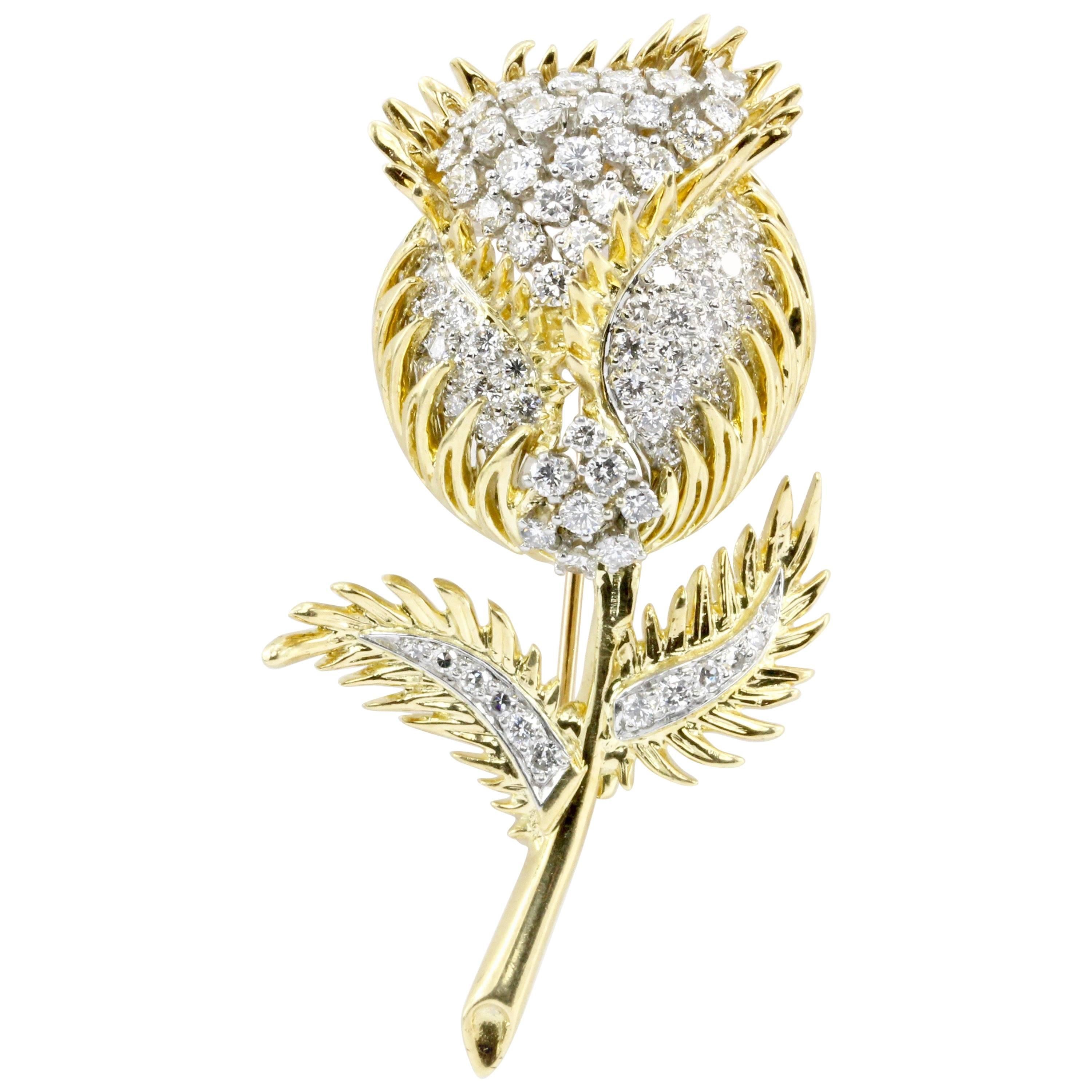 18 Karat Gold and Platinum Diamond Flowering Thistle Pendant or Brooch