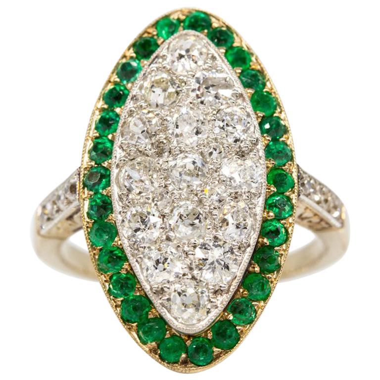 18 Karat Gold and Platinum Diamonds and Emeralds Ring For Sale