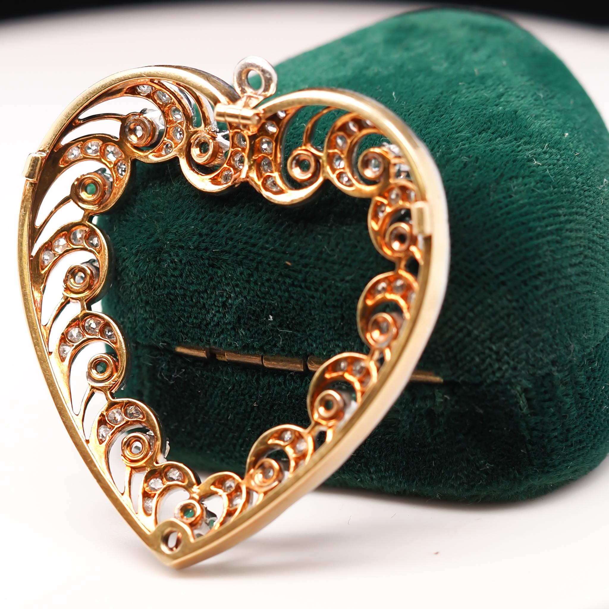 Edwardian 18 Karat Gold and Platinum Emerald Diamond Brooch Pendant For Sale