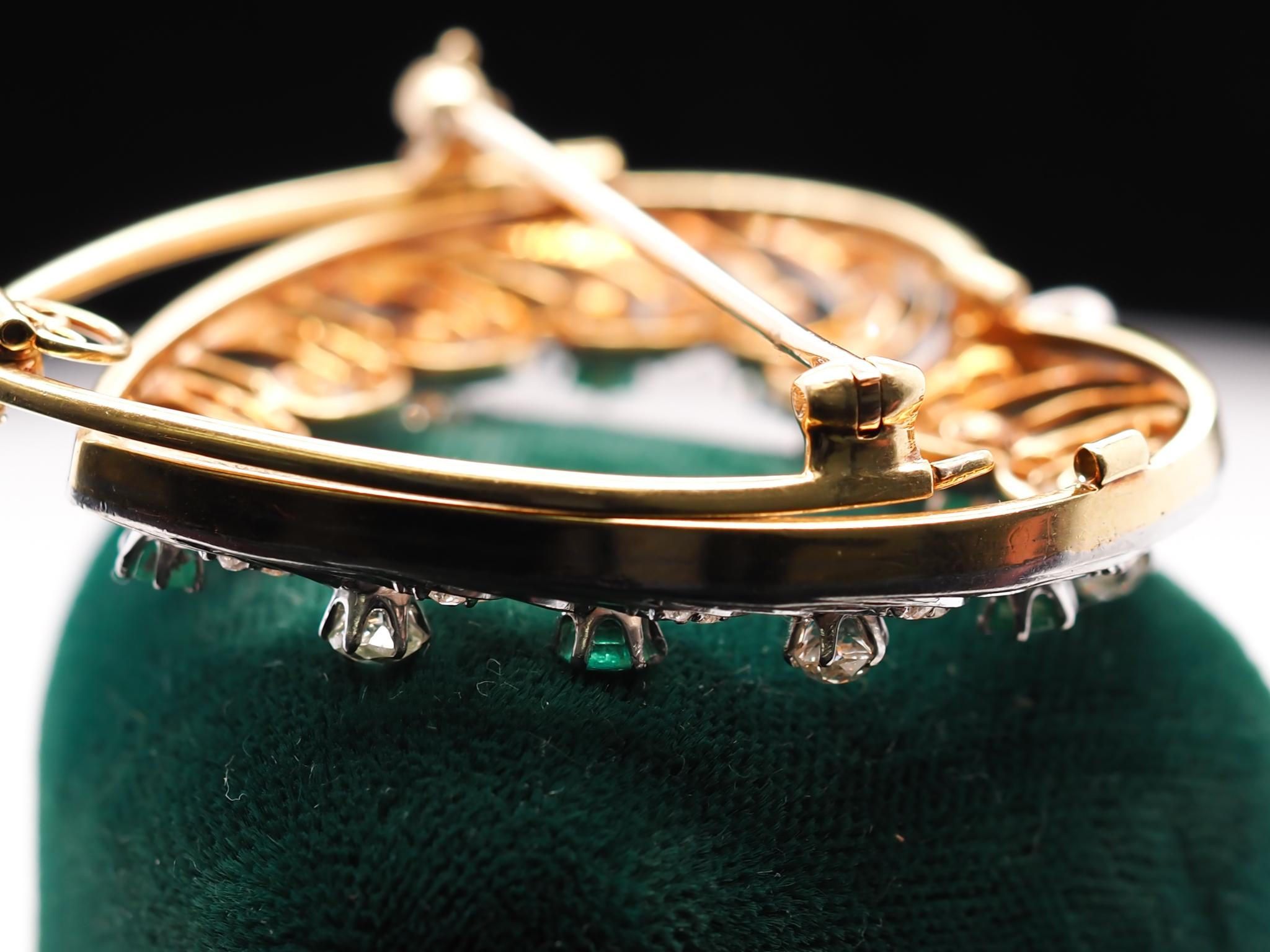 Emerald Cut 18 Karat Gold and Platinum Emerald Diamond Brooch Pendant For Sale