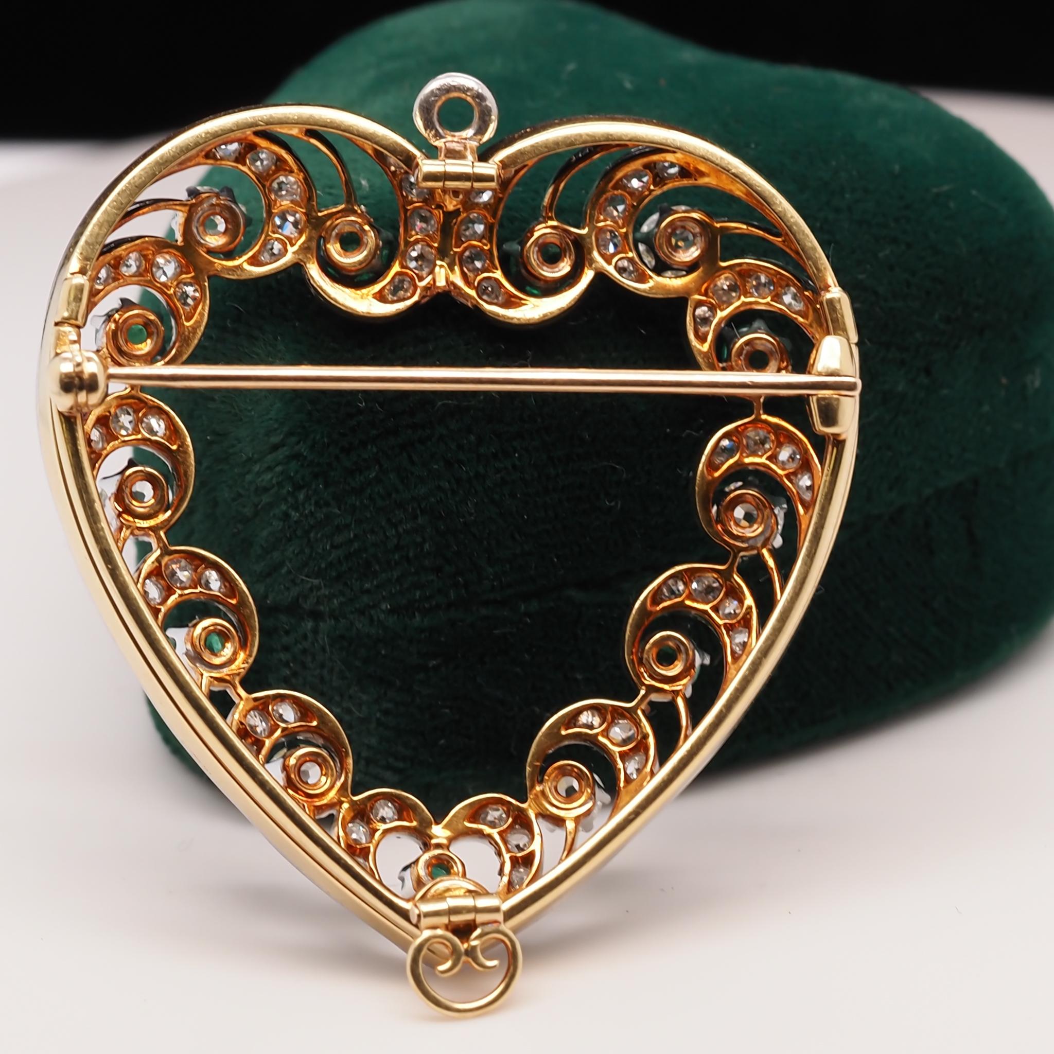 18 Karat Gold and Platinum Emerald Diamond Brooch Pendant For Sale 3