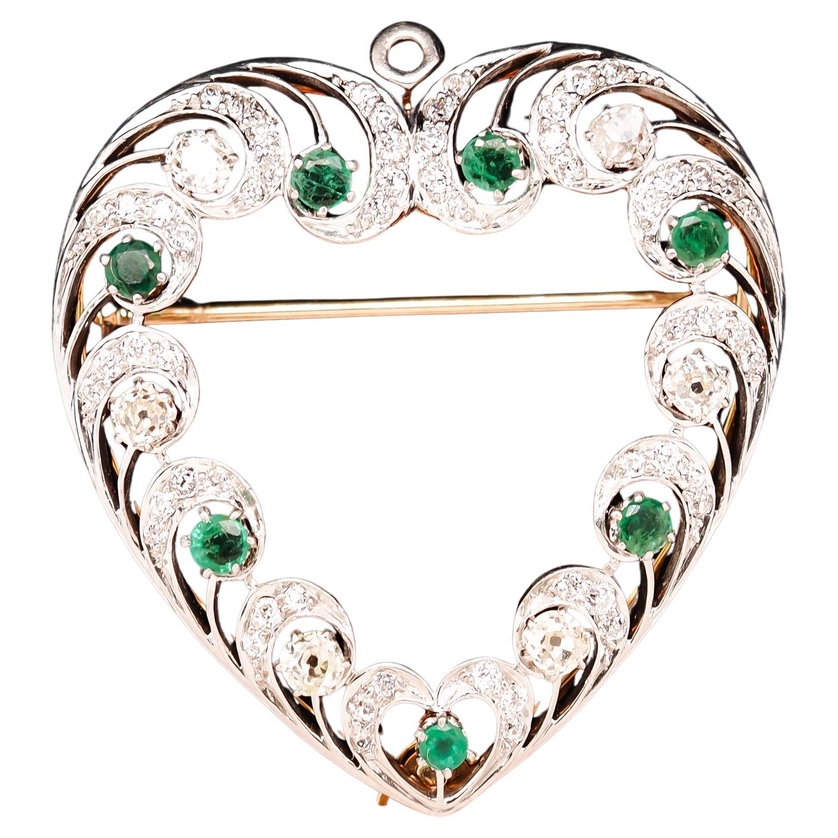 18 Karat Gold and Platinum Emerald Diamond Brooch Pendant For Sale