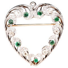Antique 18 Karat Gold and Platinum Emerald Diamond Brooch Pendant