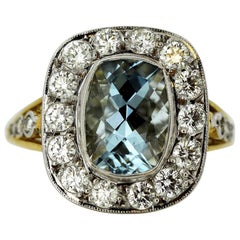 Retro 18 Karat Gold and Platinum Ladies Cluster Ring with Aquamarine and Diamonds