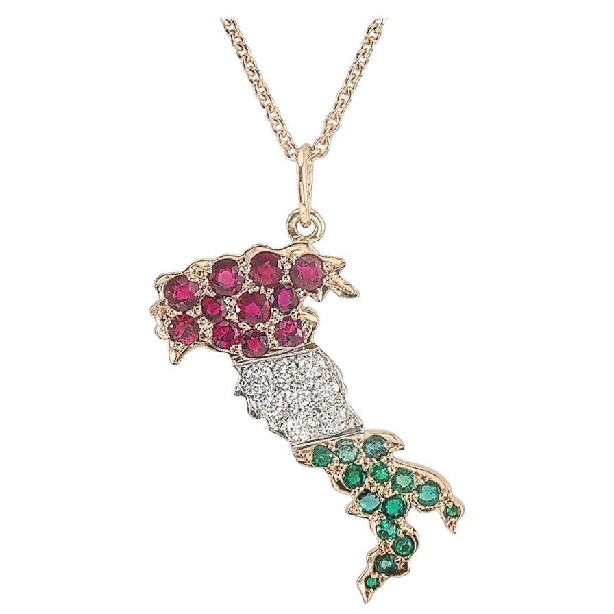 18 Karat Gold and Platinum Ruby Diamond Emerald Italy Pendant Necklace For Sale