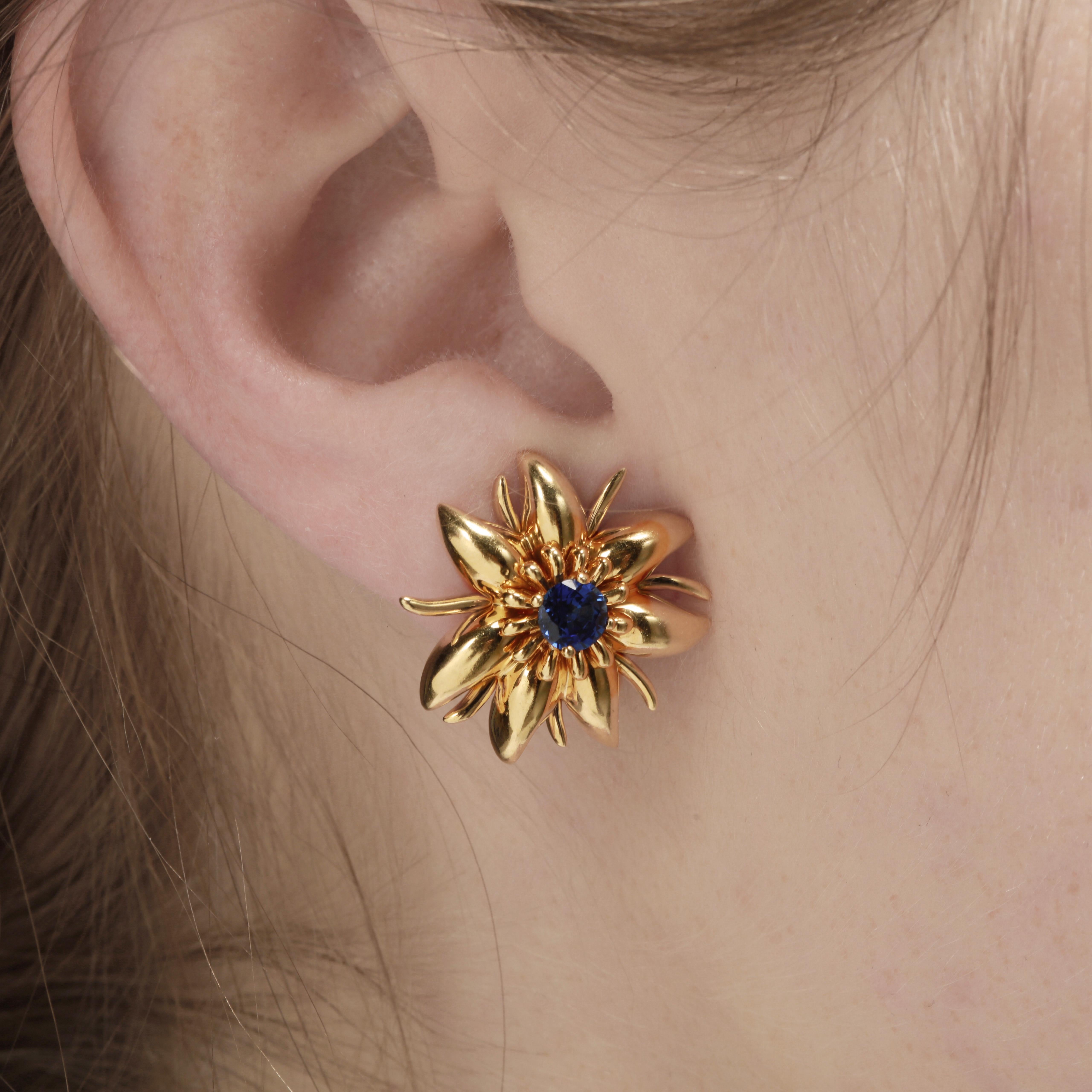 Women's or Men's 18 Karat Gold and Sapphire Flower Earrings