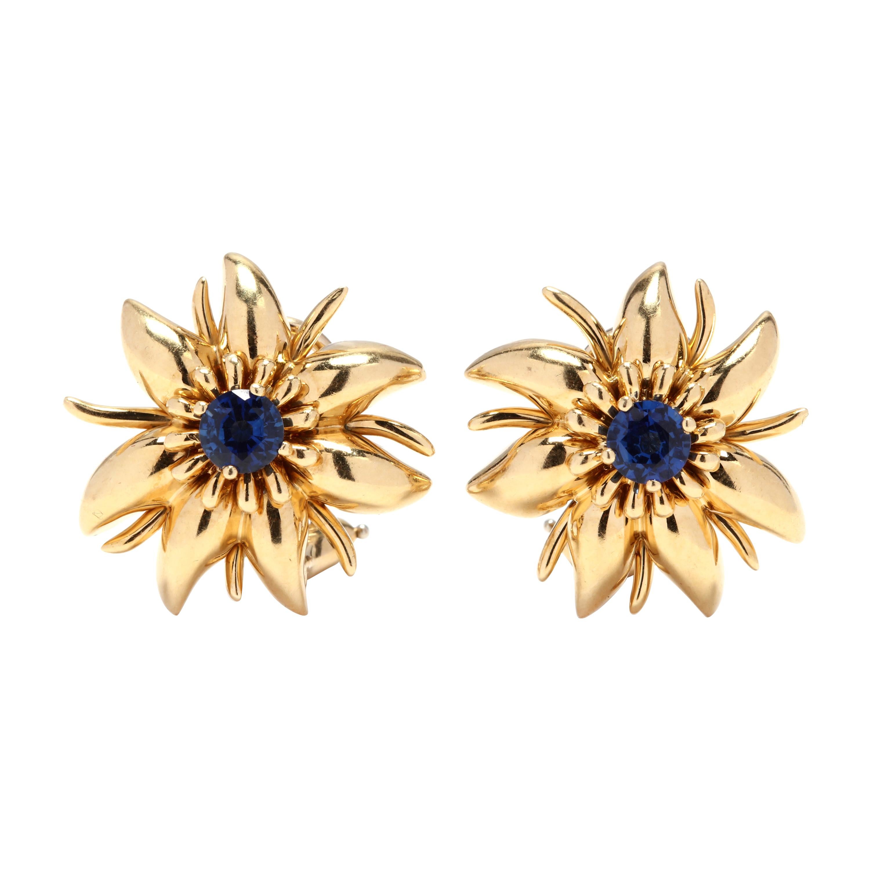 18 Karat Gold and Sapphire Flower Earrings